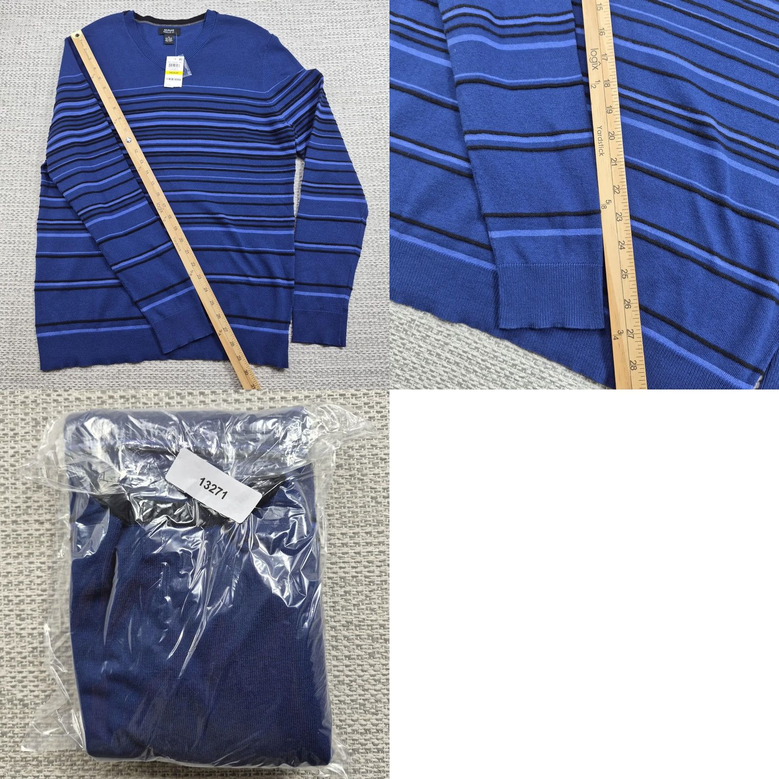 Alfani Alfani Mens Sweater V Neck Pullover Striped Blue Regular Fit M Long Sleeve Casual Knit 64% Cotton 20% Nylon 16% Modal Size US M / EU 48-50 / 2 - 9 Thumbnail