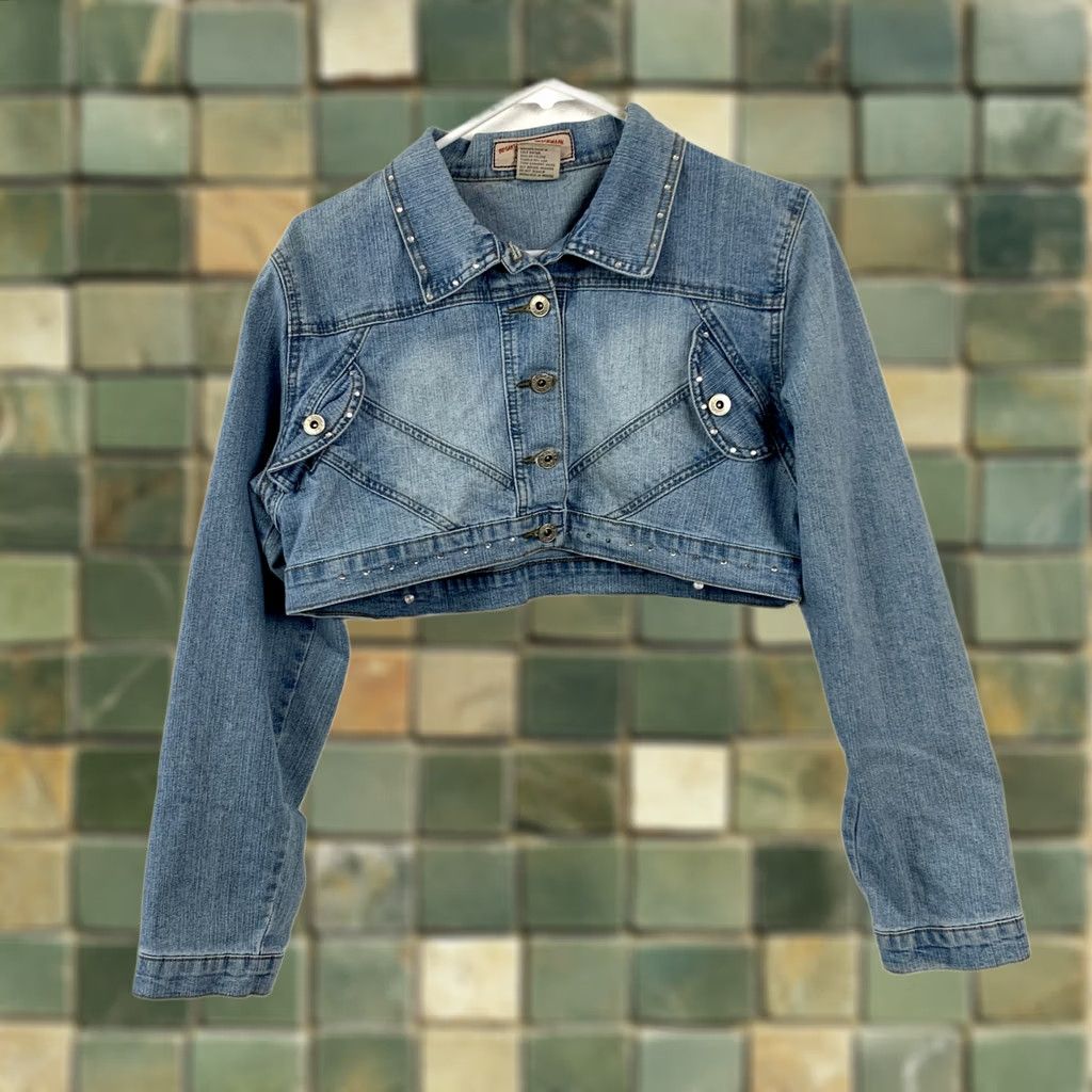 Denime VINTAGE Defuze Juniors XL Cropped Denim Jacket Blue Rhinestone Studded Button Front Size XL / US 12-14 / IT 48-50 - 1 Thumbnail