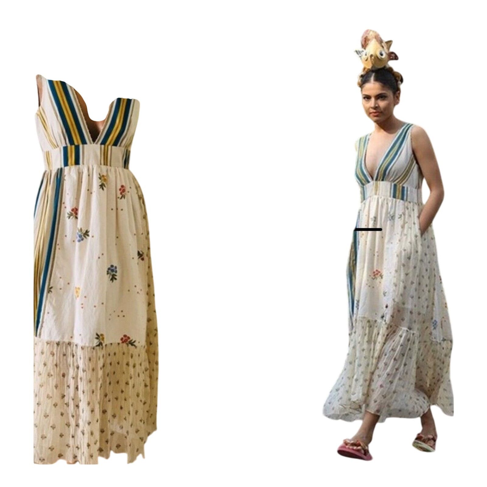 Other Pero Tan Teal Gold VNeck Floral Stripe Empire Ruffle Maxi 38 Size M / US 6-8 / IT 42-44 - 2 Thumbnail