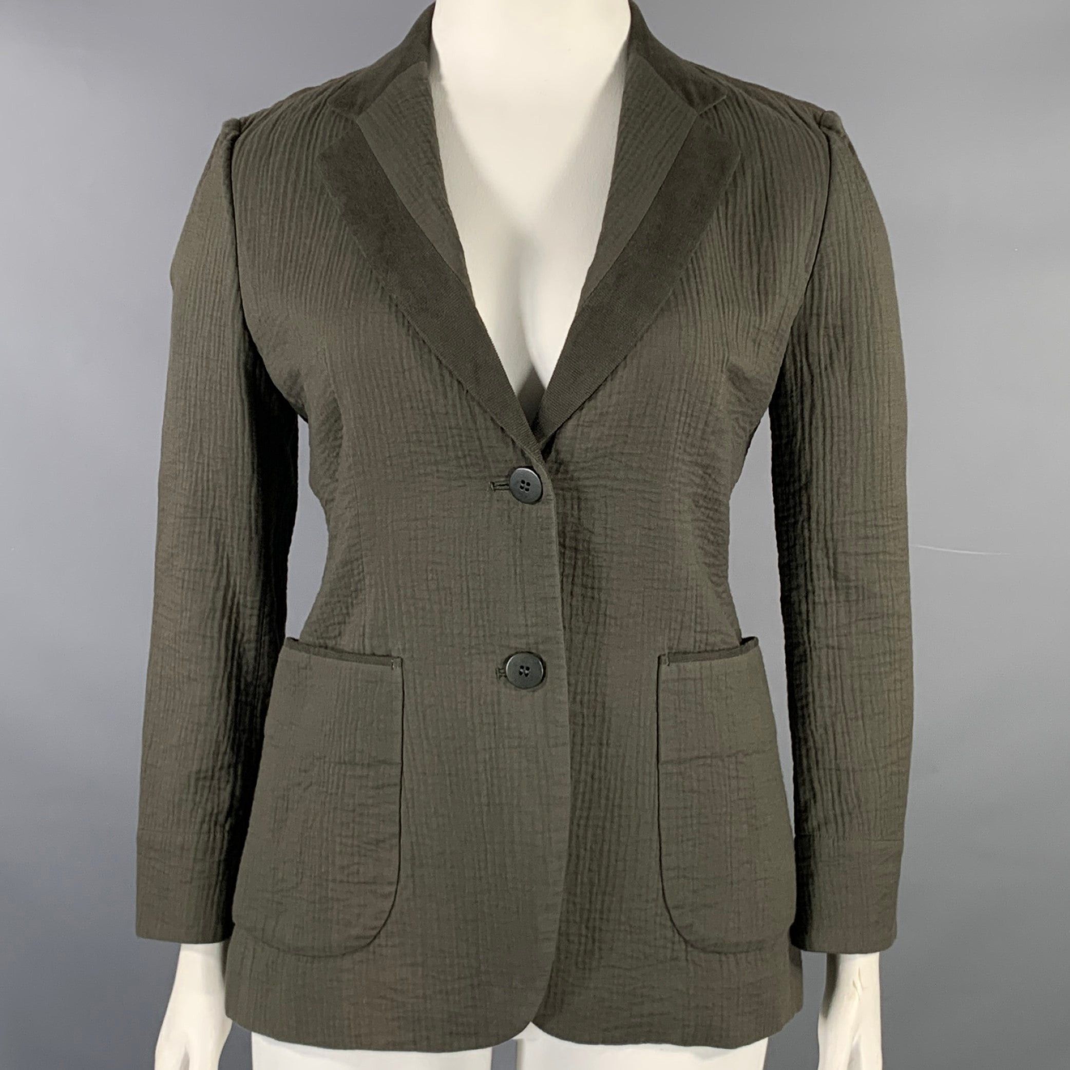 image of Issey Miyake Olive Green Cotton Textured Unlined Jacket, Women's (Size Large)