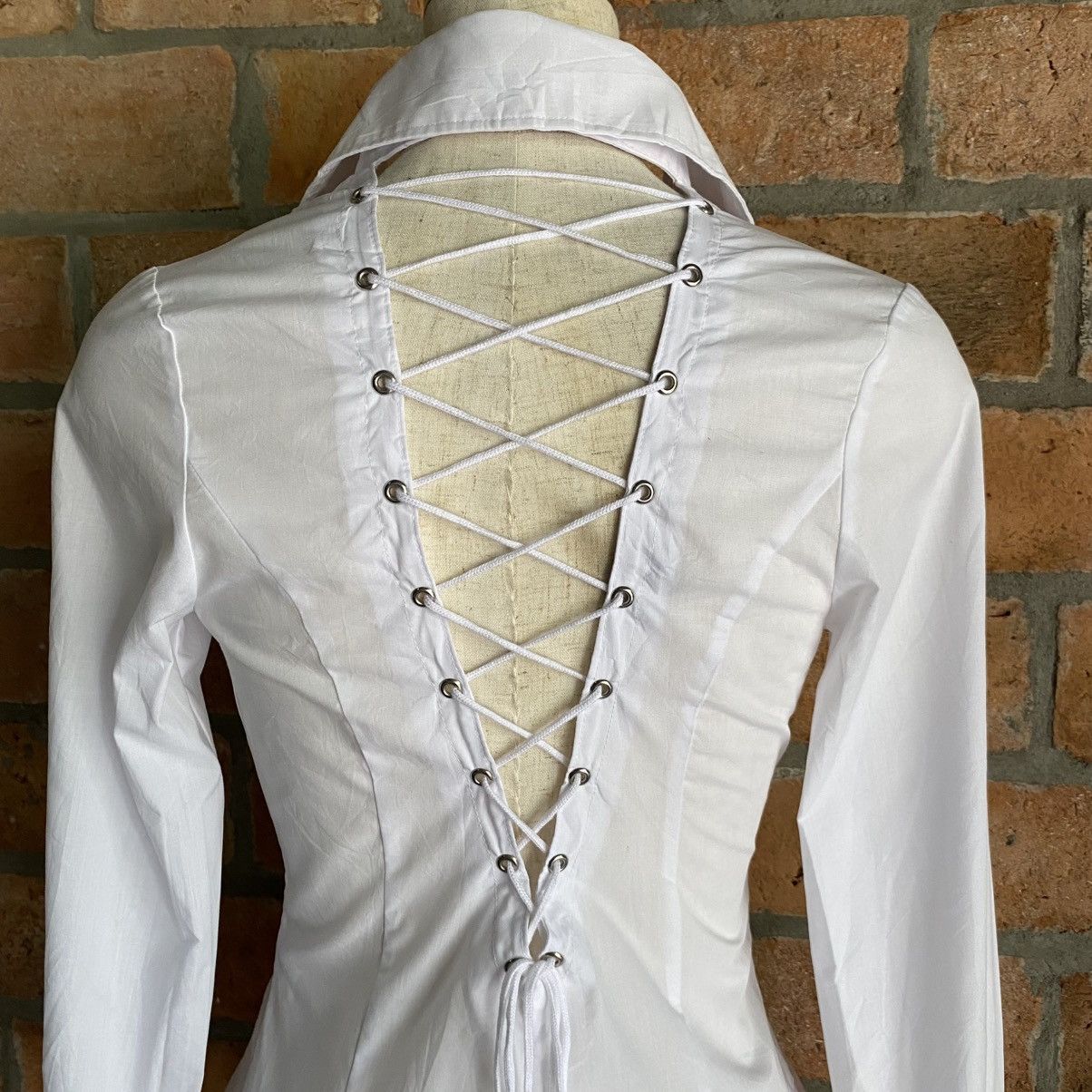 Japanese Brand RyuRyu Y2K Punk White Lace-Up Wrap Blouse with Peplum Hem Size M / US 6-8 / IT 42-44 - 16 Thumbnail
