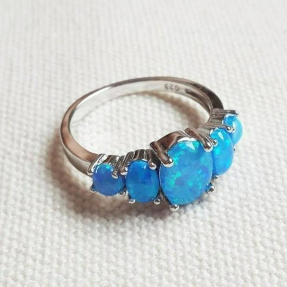 Designer 5 Blue Fire Opal Silver Cluster Multi-Stone Ring - Size 5 Size ONE SIZE - 5 Thumbnail