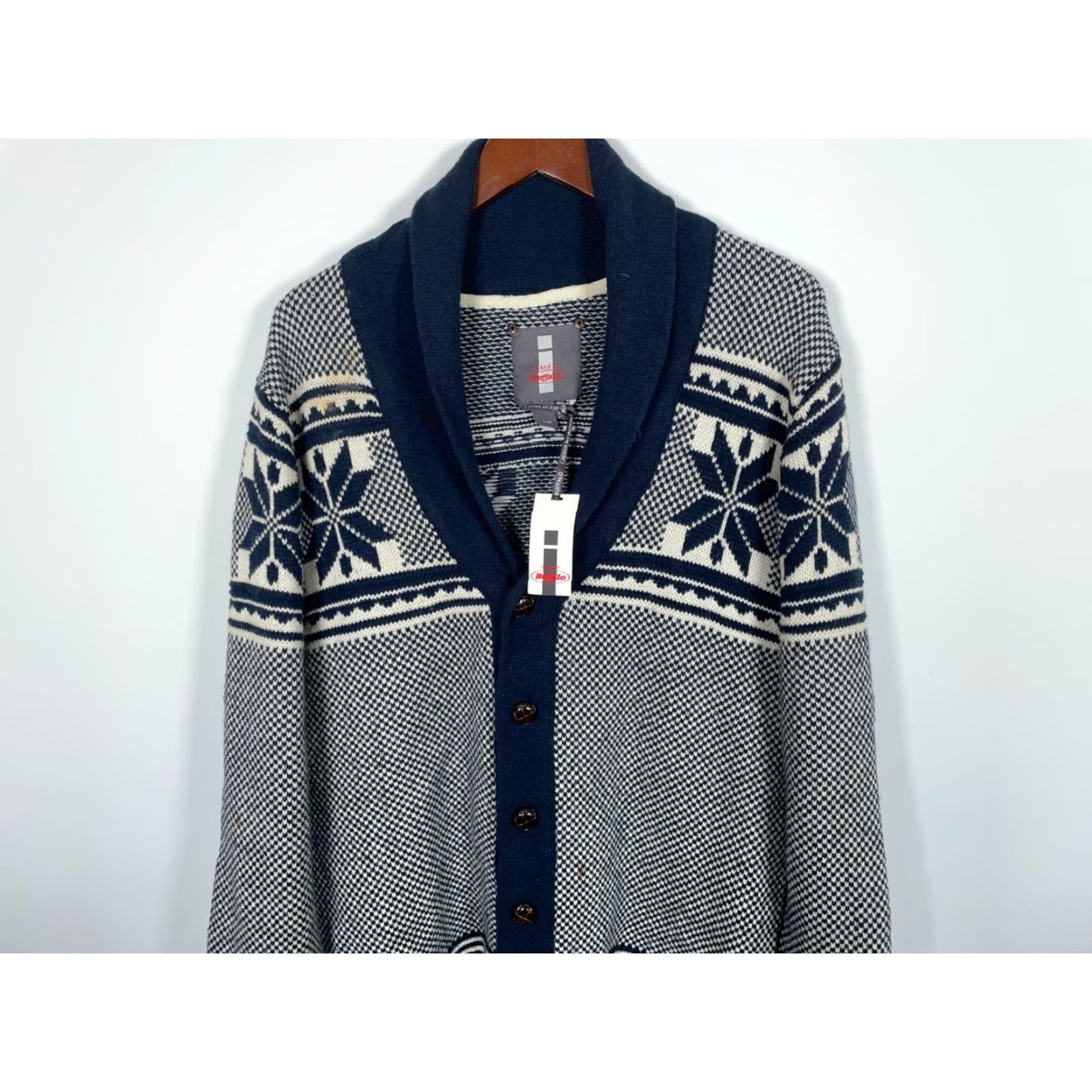 Vintage i jeans by Buffalo Cardigan Sweater Men's Large Blue Geometric Knit Shawl Collar Casual Retro Size US L / EU 52-54 / 3 - 4 Thumbnail
