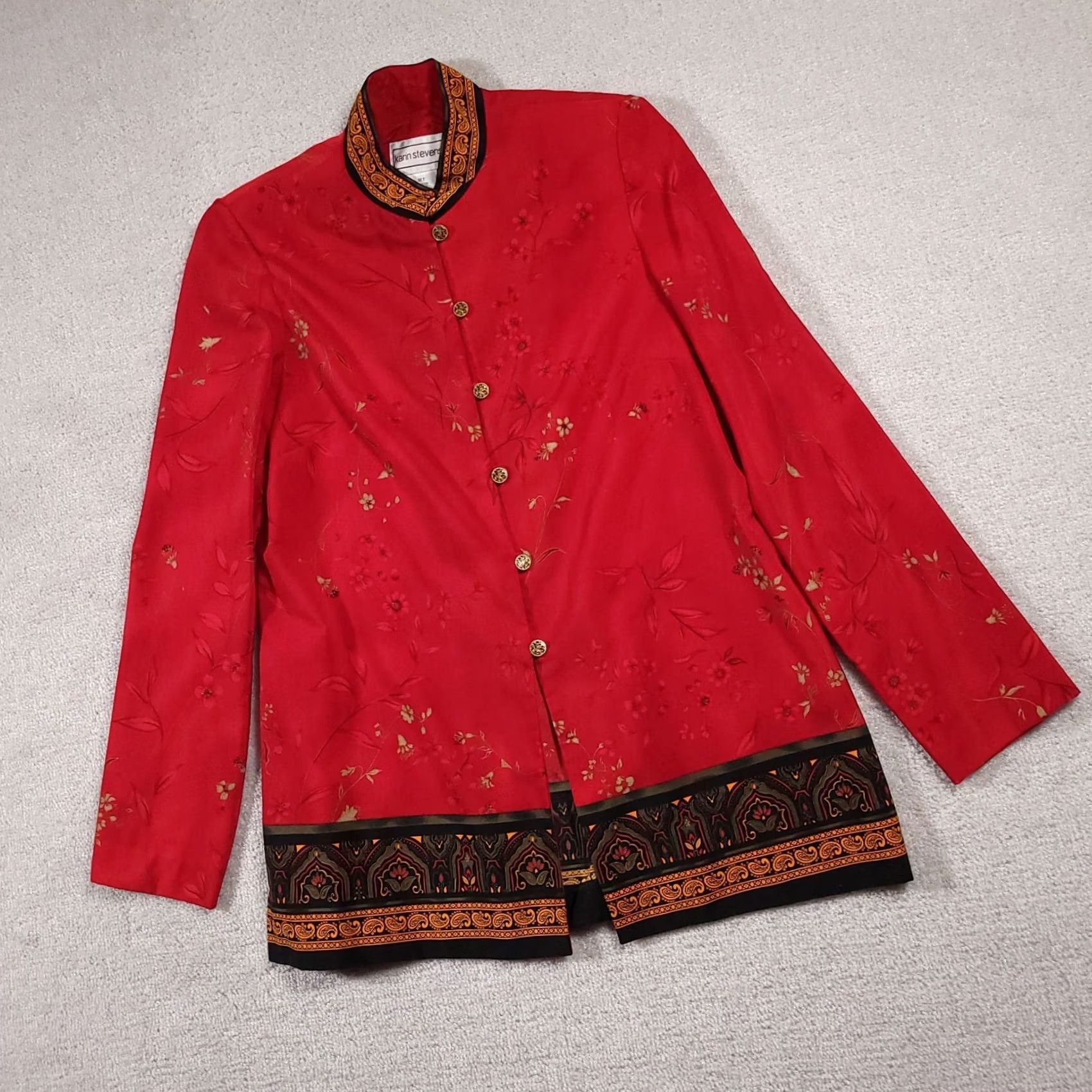 Vintage VINTAGE Karin Stevens Kimono Shirt Button Up Women's 12 Tall Red Floral Poly Shirt Womens Tall Red Floral 12T Ladies Kimono Button-Up Size XL / US 12-14 / IT 48-50 - 2 Thumbnail