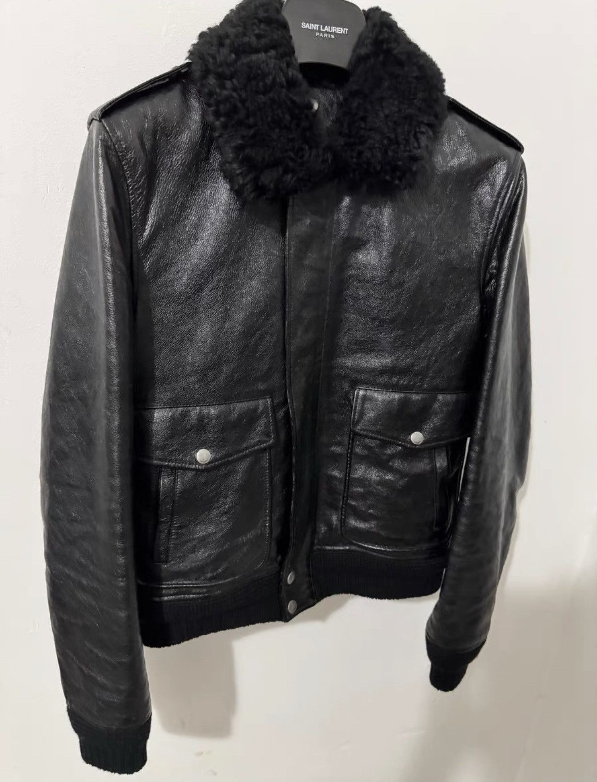 Saint Laurent Paris Saint Laurent Shearling Collar Waxed Leather Bomber Jacket Size US M / EU 48-50 / 2 - 3 Thumbnail
