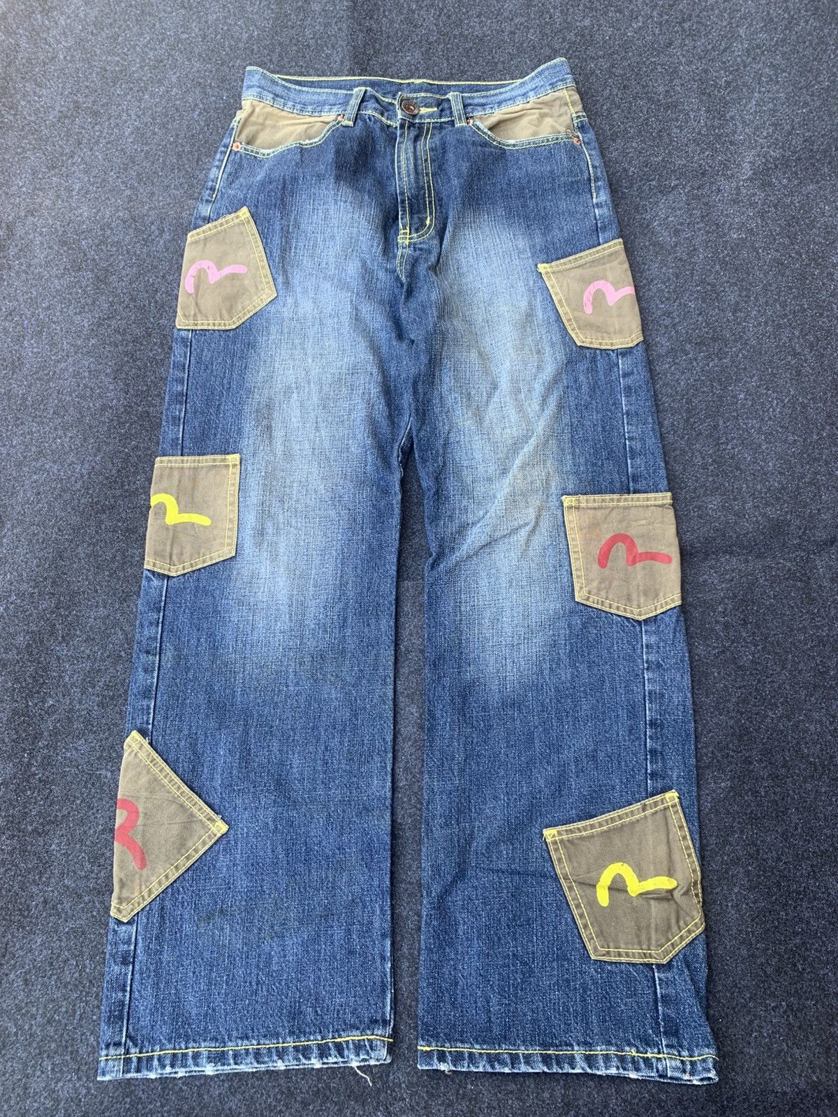 Japanese Brand Vintage Big Stroke Multi-Pocket Denim Jeans (Evisu Style) Size US 29 - 2 Thumbnail