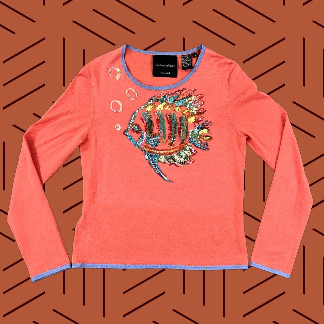 MICHAEL SIMON New York Sweater Shirt Womens Small Sequin Beaded Fish Silk Top