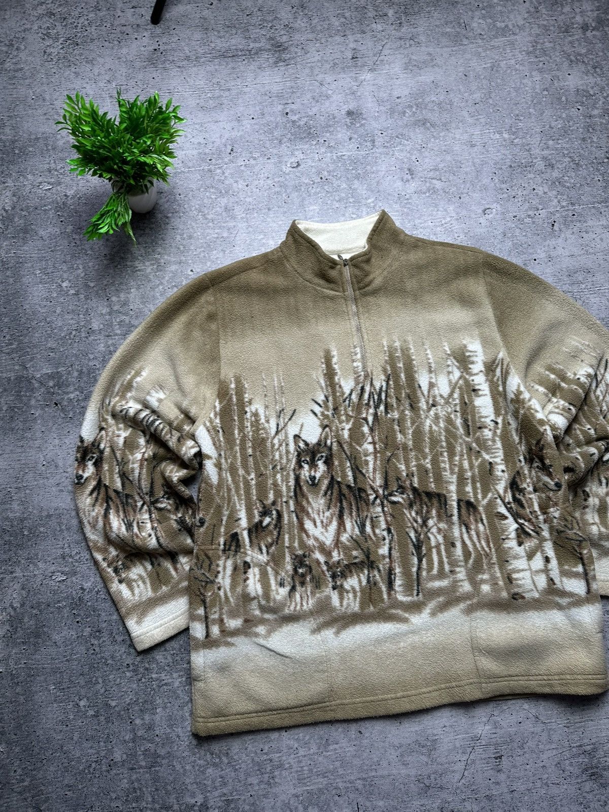 Japanese Brand × Vintage VINTAGE 90s PRINTED FLEECE WOLF DASK ANIMAL SHERPA JACKET Size US M / EU 48-50 / 2 - 4 Thumbnail