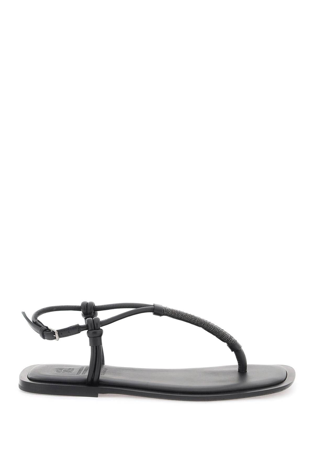 Brunello Cucinelli o1y0725 Ankle Strap Thong Leather Sandals in Black Size US 7.5 / IT 37.5 - 1 Thumbnail