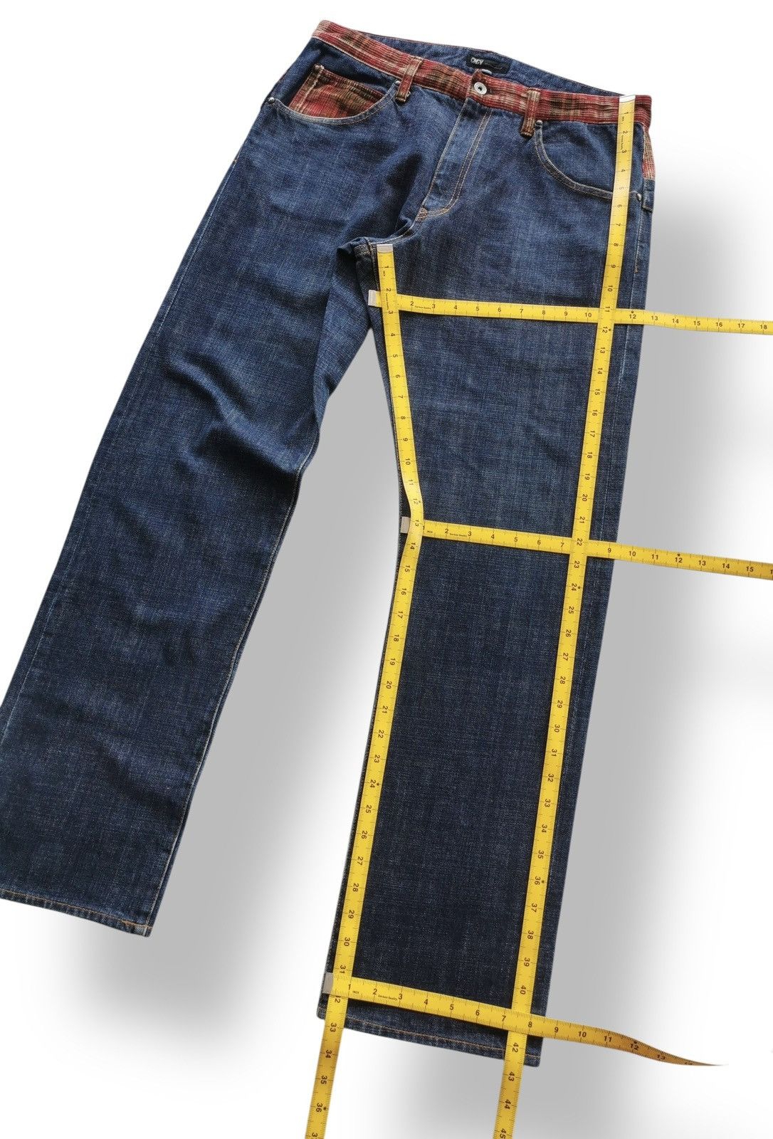 Kapital Concave Attempt Patchwork Jeans – Red Plaid Pocket Y2K Denim Size US 33 - 11 Thumbnail