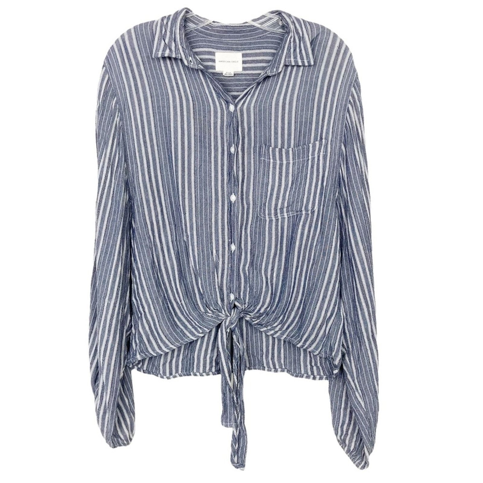 American Eagle Outfitters American Eagle Blue Pinstripe Button Down Tie Front Blouse S Size S / US 4 / IT 40 - 1 Thumbnail