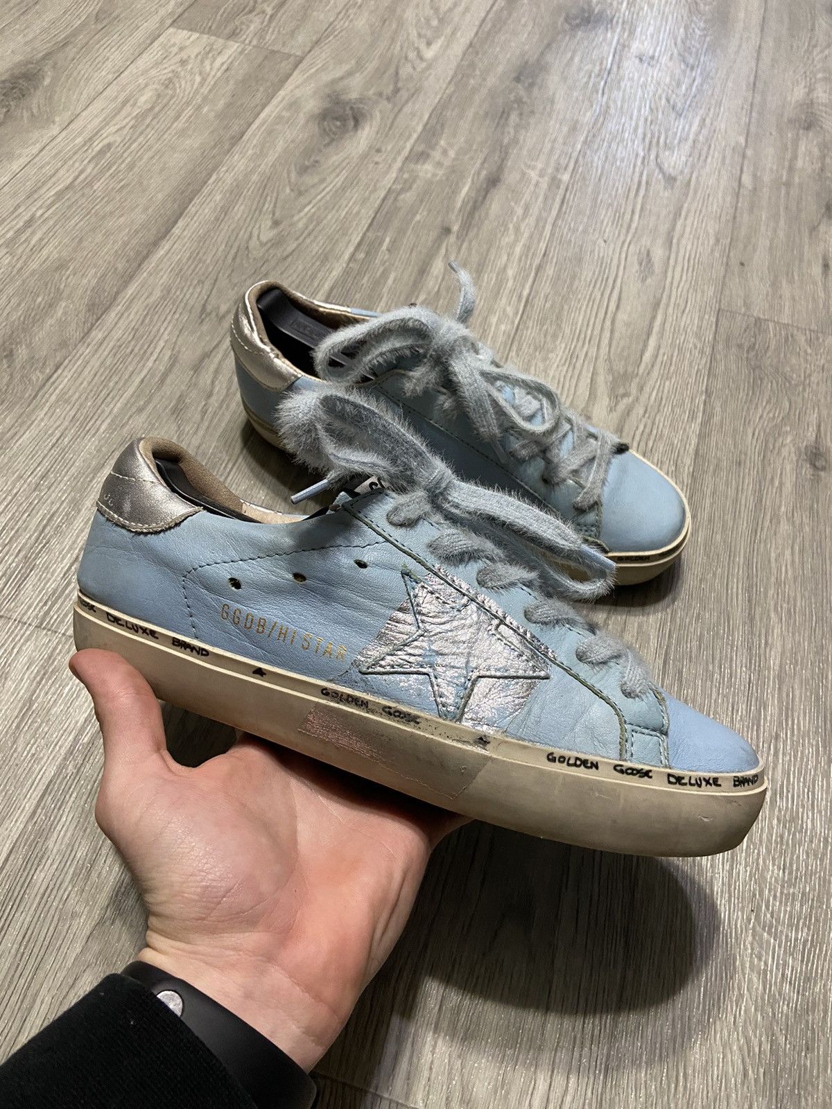 image of Golden Goose Distressed Superstar Leather Low Top Sneakers in Blue, Women's (Size 8)