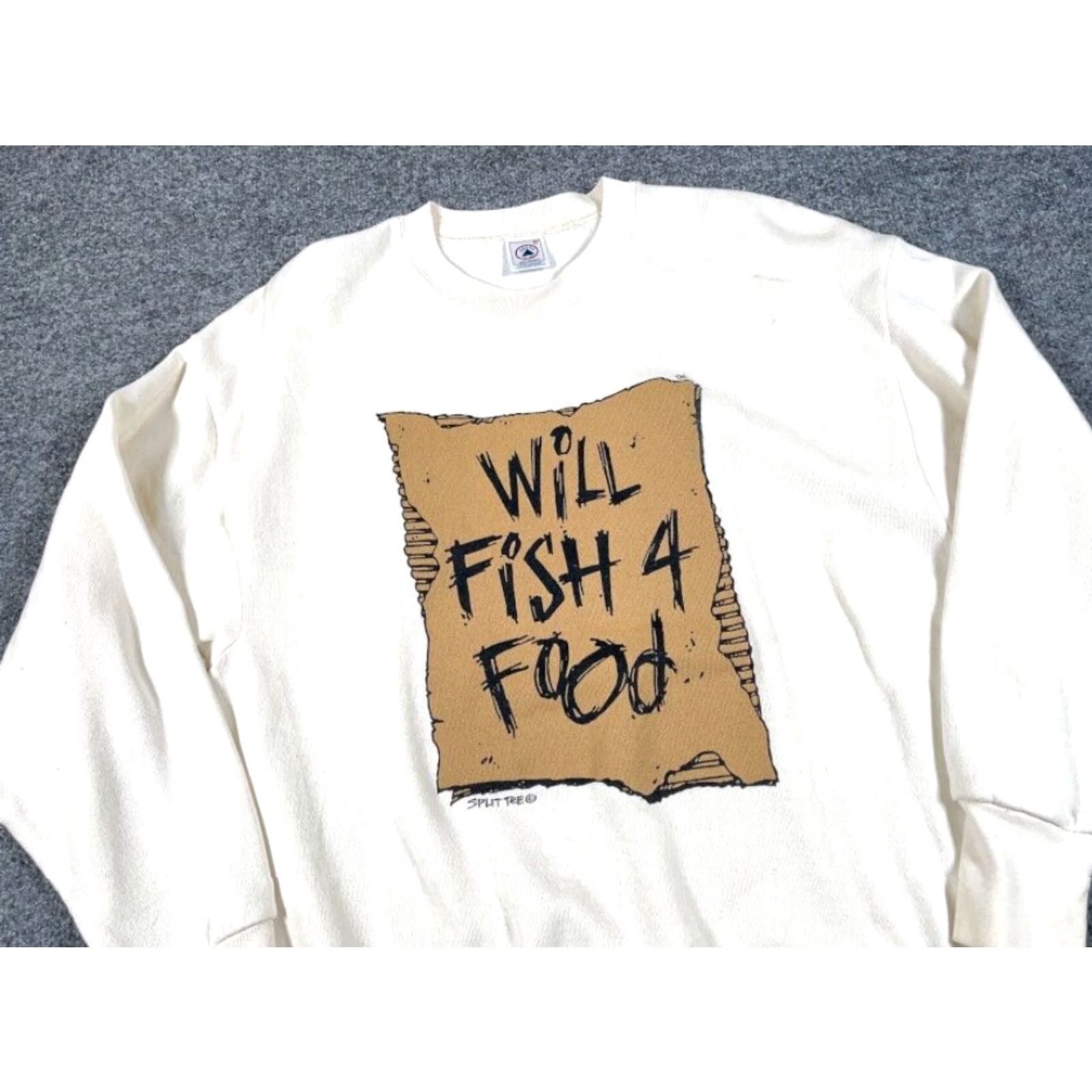 Delta VINTAGE Delta Sweatshirt Shirt Men XL Ivory "Will Fish for Food" 90s Humor Dad Graphic Print Pullover Crew Neck Size US XL / EU 56 / 4 - 6 Thumbnail