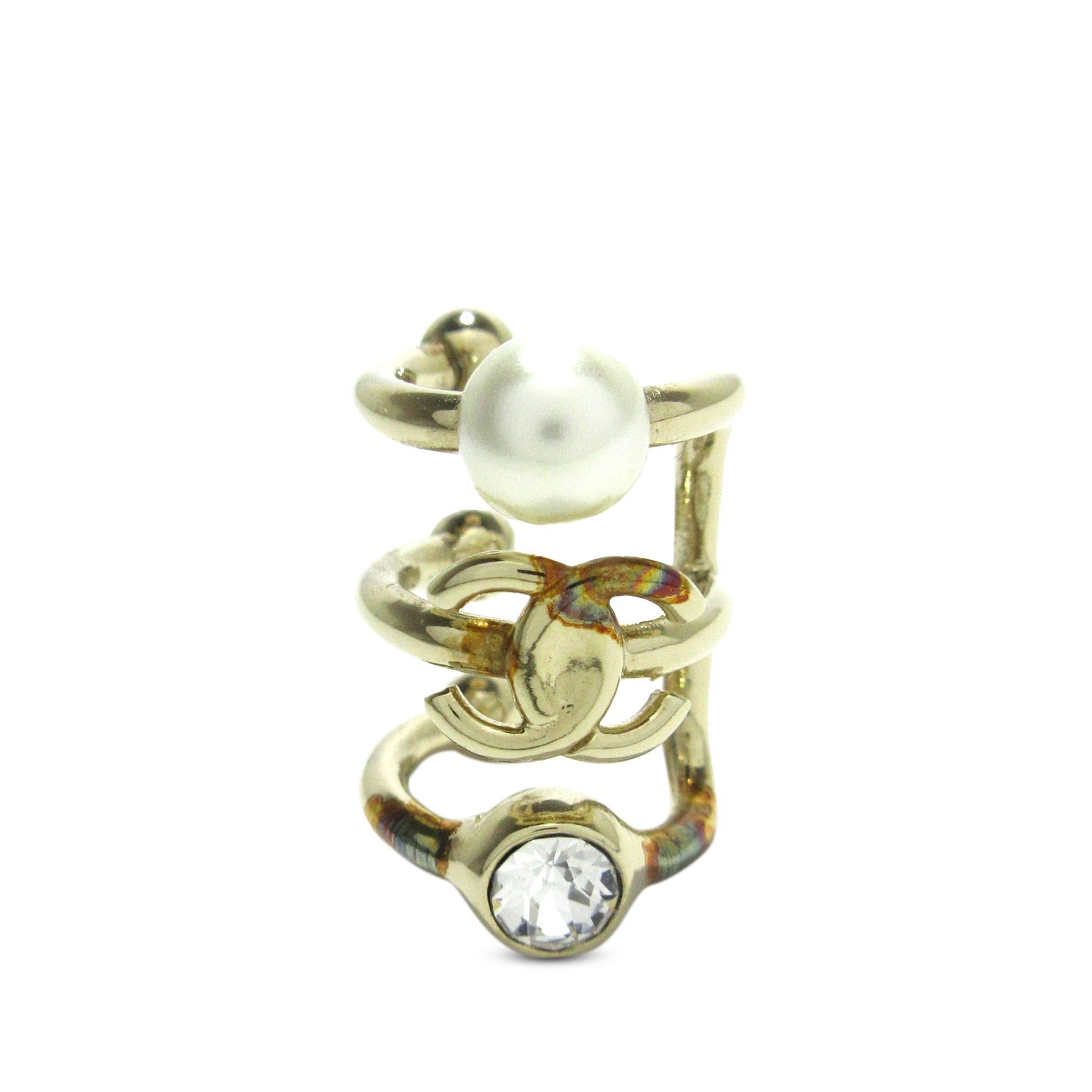 image of Chanel Pearl Crystal Cc Single Ear Cuff Costume Earrings in Gold, Women's