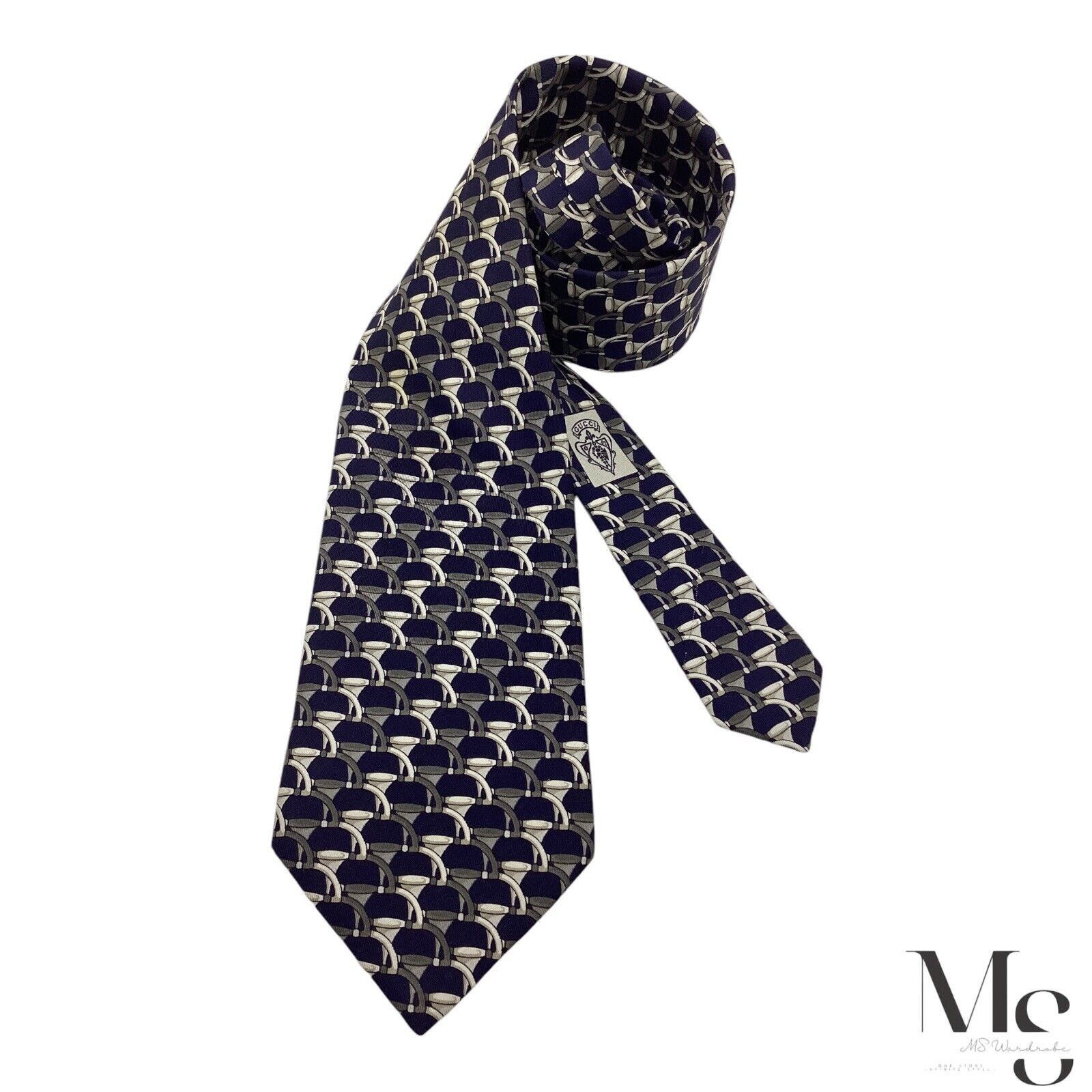 Gucci GUCCI Blue & Gray Stirrups Luxury Silk Tie Made In Italy W: Size ONE SIZE - 1 Thumbnail