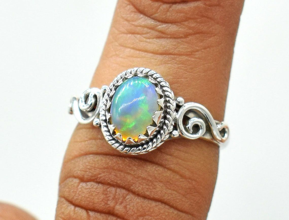 Handmade Natural Ethiopian Opal Ring: 925K Silver, October Birthstone Size ONE SIZE - 1 Thumbnail