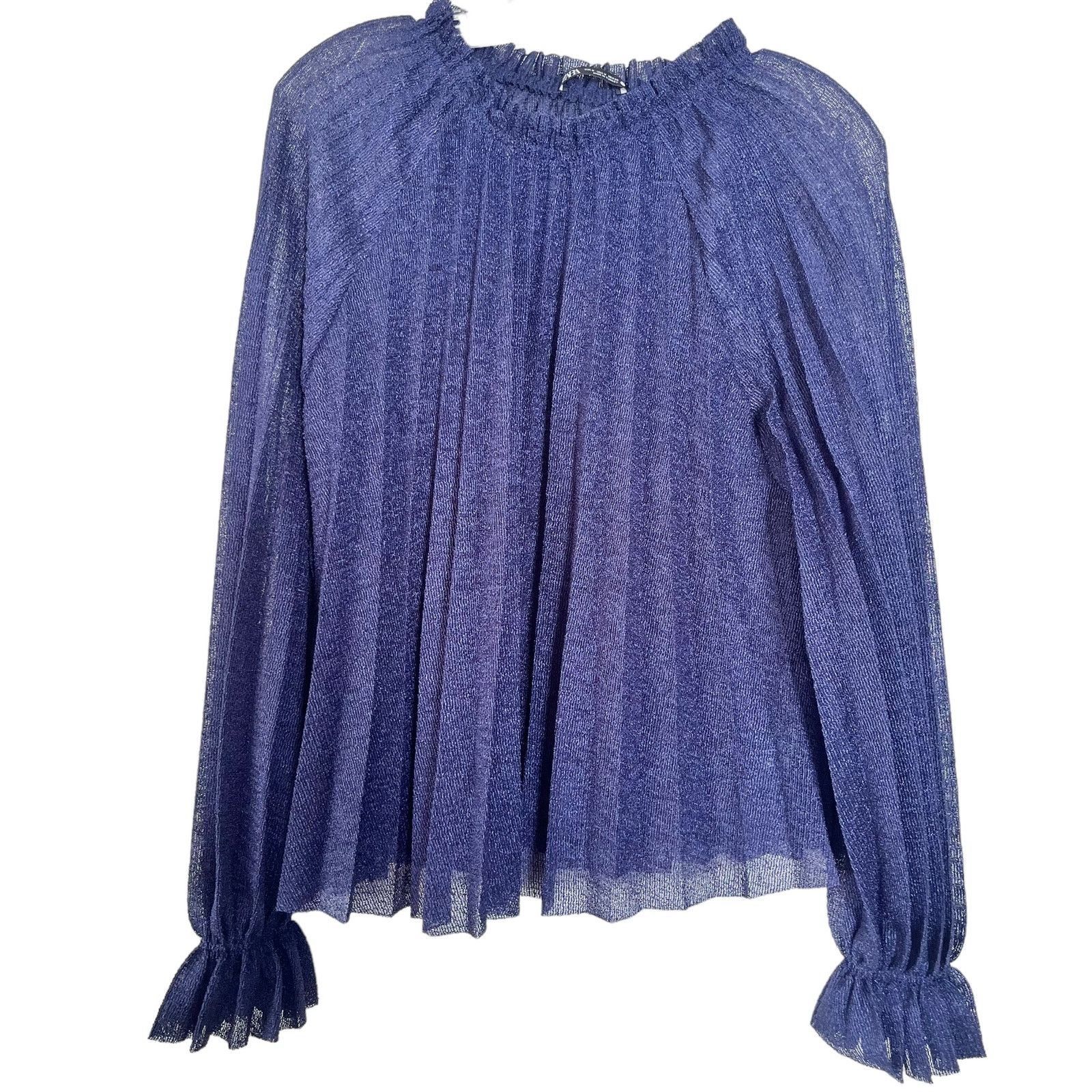 Zara Zara Knit Blue Pleated Bell Sleeve Ruffle Neck Sheer Blouse Size M / US 6-8 / IT 42-44 - 5 Thumbnail