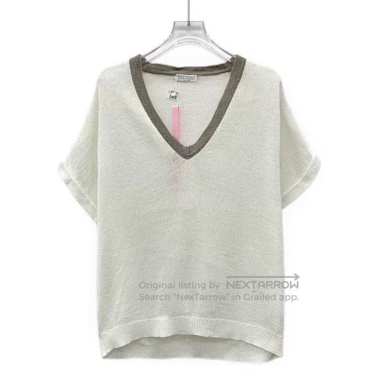 Brunello Cucinelli Brunello Cucinelli White V-neck cotton short-sleeve knit t Size L / US 10 / IT 46 - 1 Thumbnail