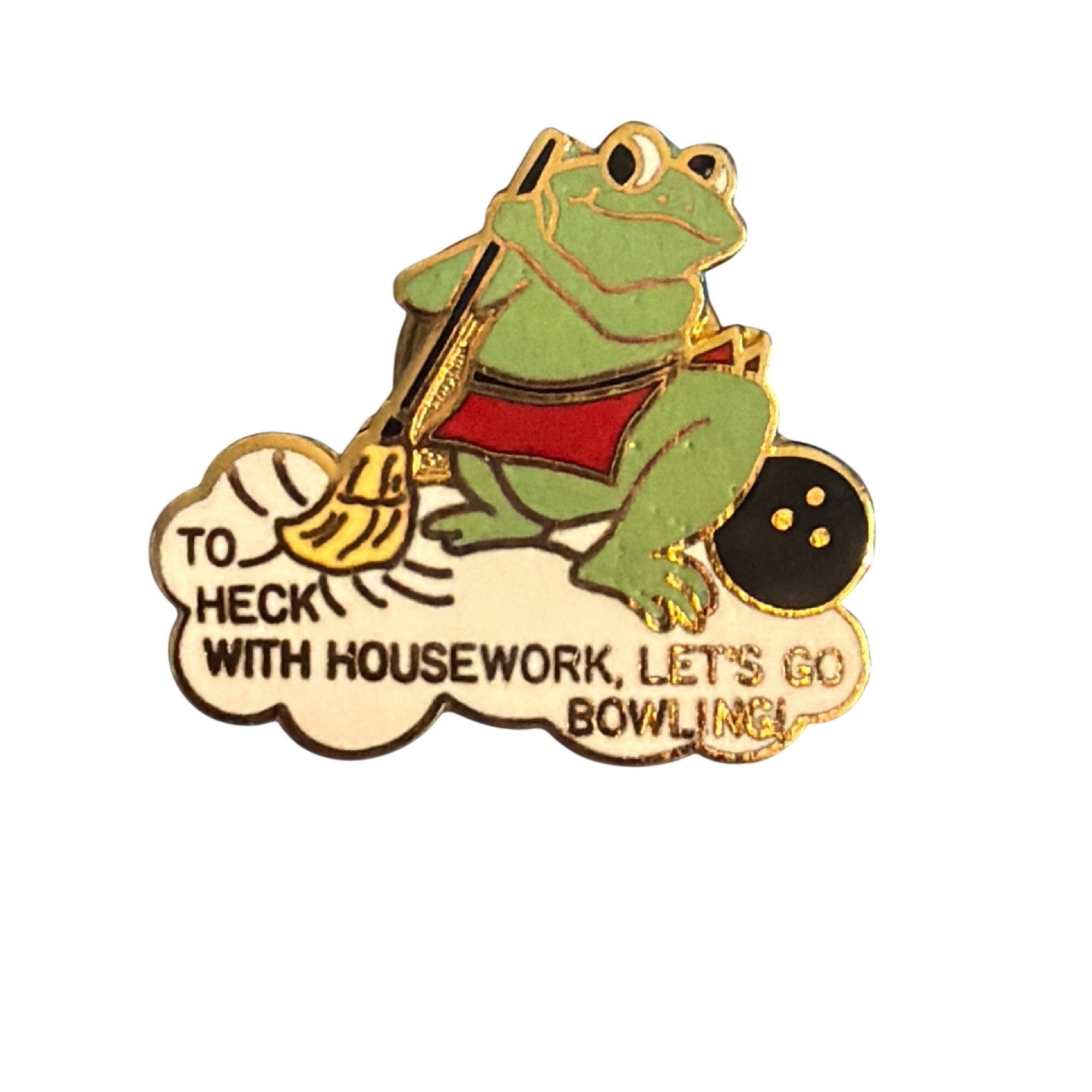 Other Vintage To Heck With Housework Frog Bowling Enamel Lapel Pin Size ONE SIZE - 1 Thumbnail