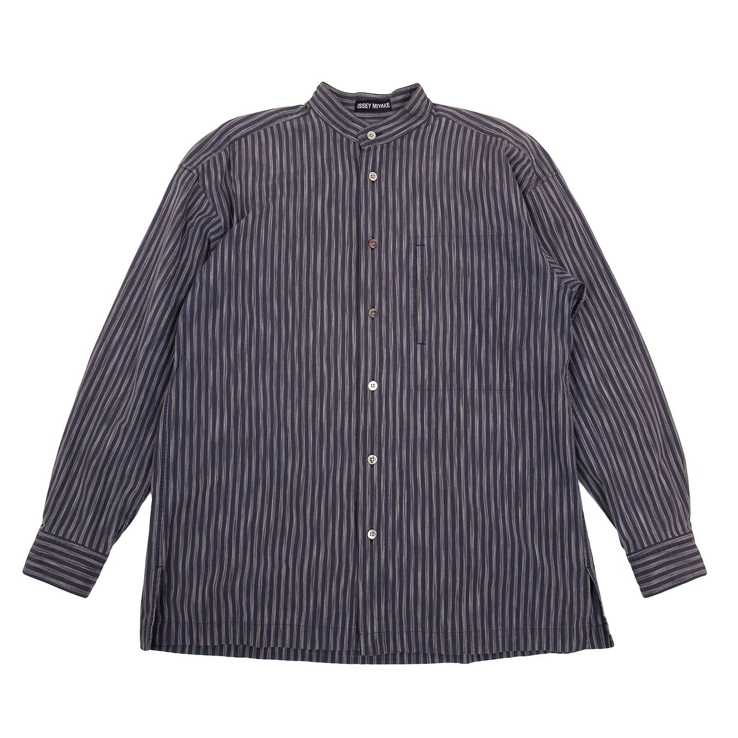 Issey Miyake Cotton Stripe Mao Collar Shirt in Navy Gray, Size L Size US L / EU 52-54 / 3 - 1 Thumbnail