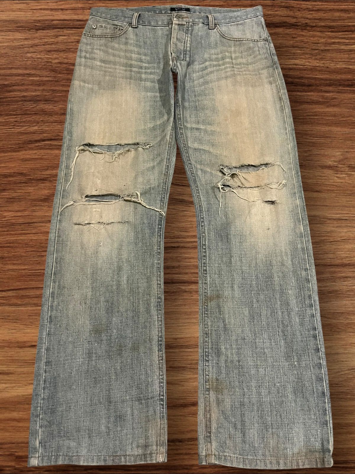 Black Label × Burberry ⚡️Sick⚡️Burberry Black Label Mud Wash Distress Buttonfly Jeans Size US 35 - 1 Thumbnail