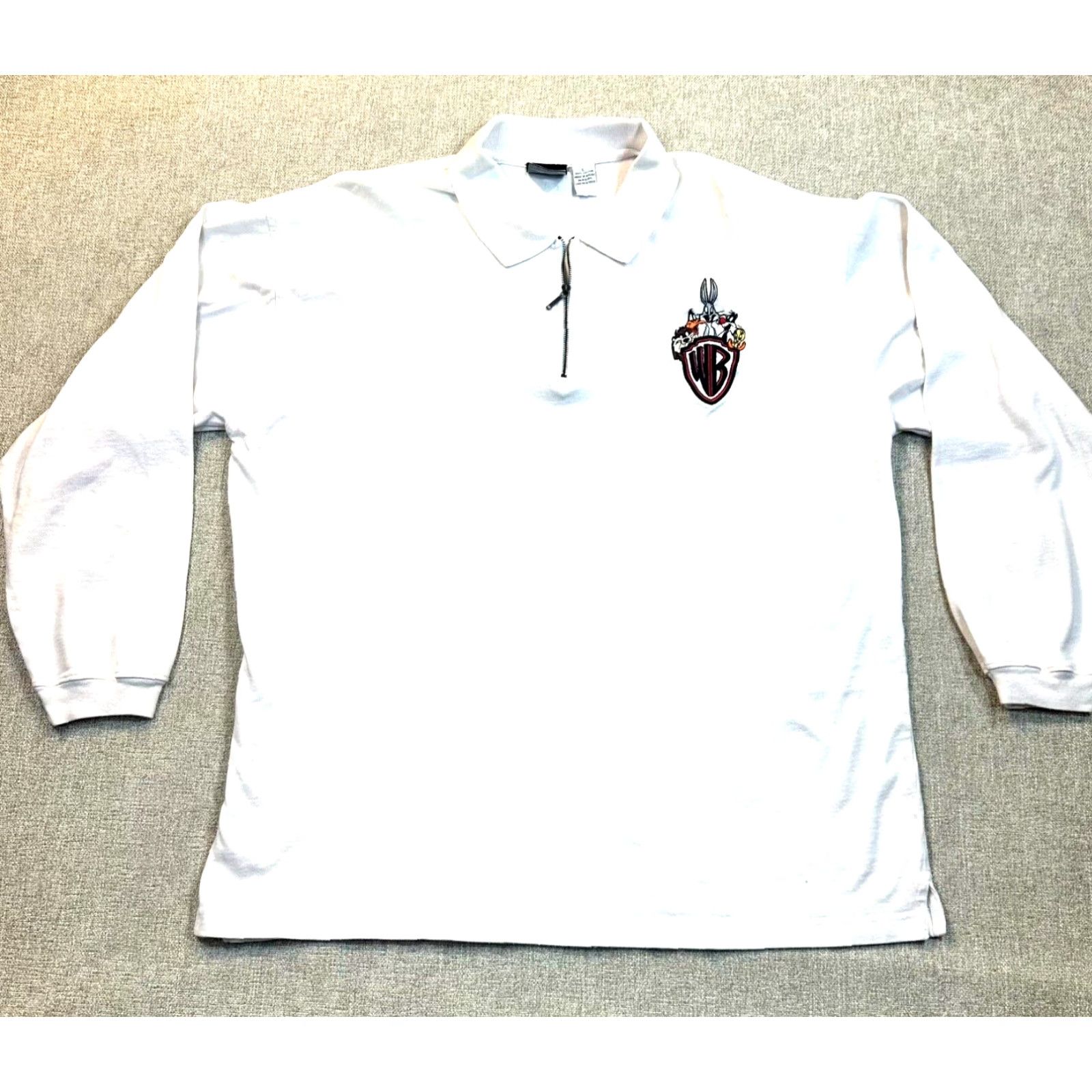 Vintage VINTAGE Looney Tunes Mens Large 1/4 Zip Embroidered T-Shirt Cartoon 90s White Cotton Size US L / EU 52-54 / 3 - 2 Thumbnail