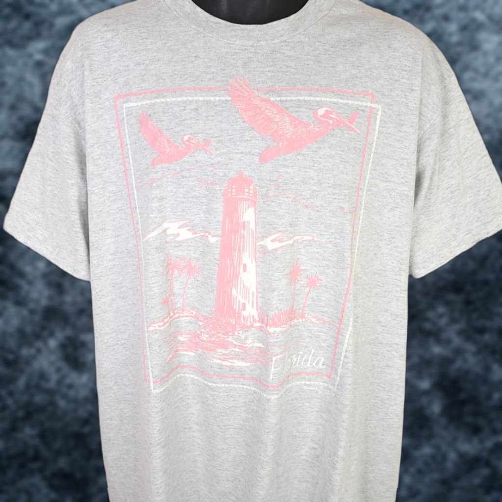 Hanes VINTAGE Florida Lighthouse T Shirt Mens Size XL 90s Pelicans Nature Made In USA Hanes Gray Cotton Blend Crew Neck Short Sleeve Mens Tee Size US XL / EU 56 / 4 - 1 Thumbnail