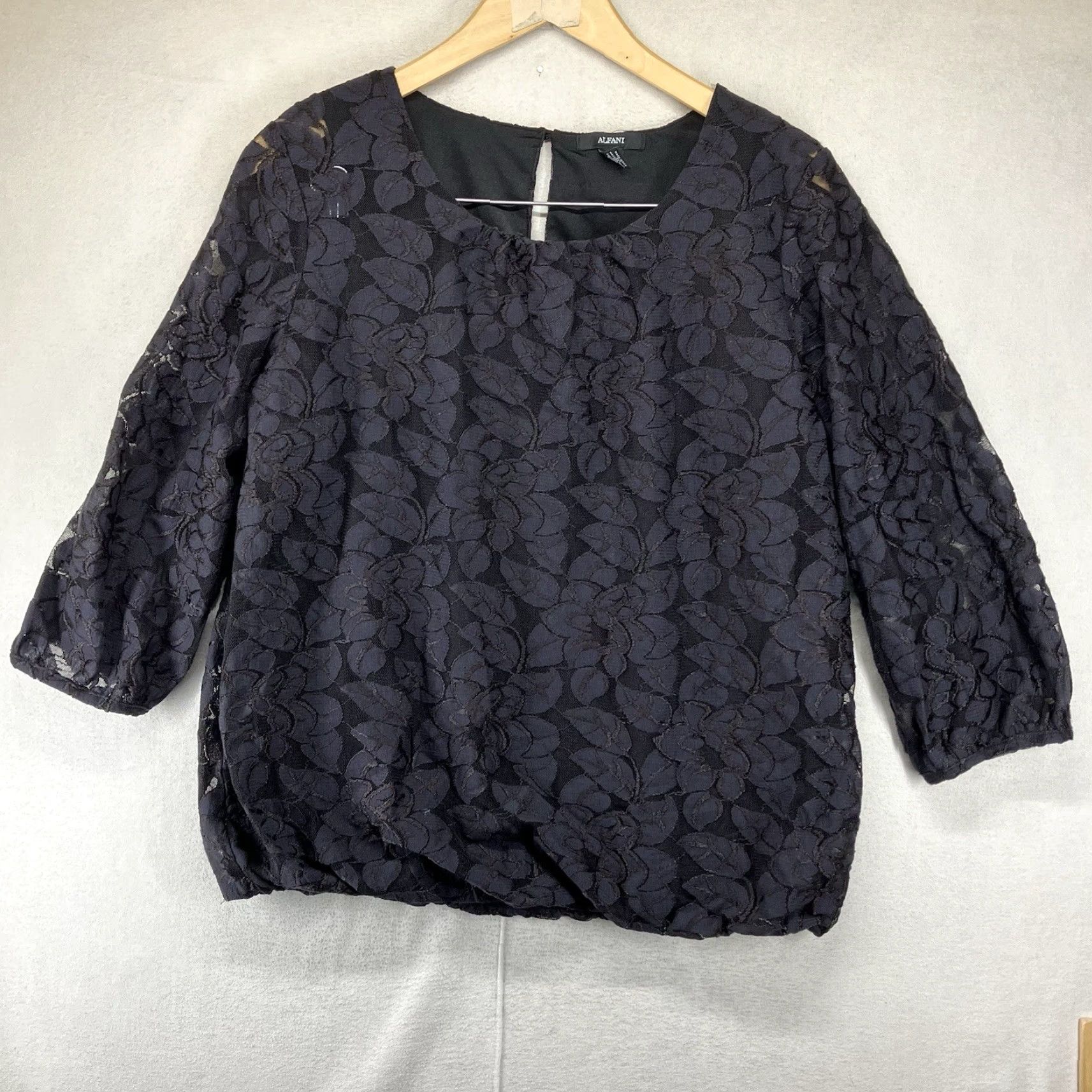 Alfani Alfani Women's Blouse Shirt Dark Romantic Black Floral Lace Top 3/4 Sleeve Round Neck Pullover Sheer Casual Regular L Black Womens Size L / US 10 / IT 46 - 2 Thumbnail