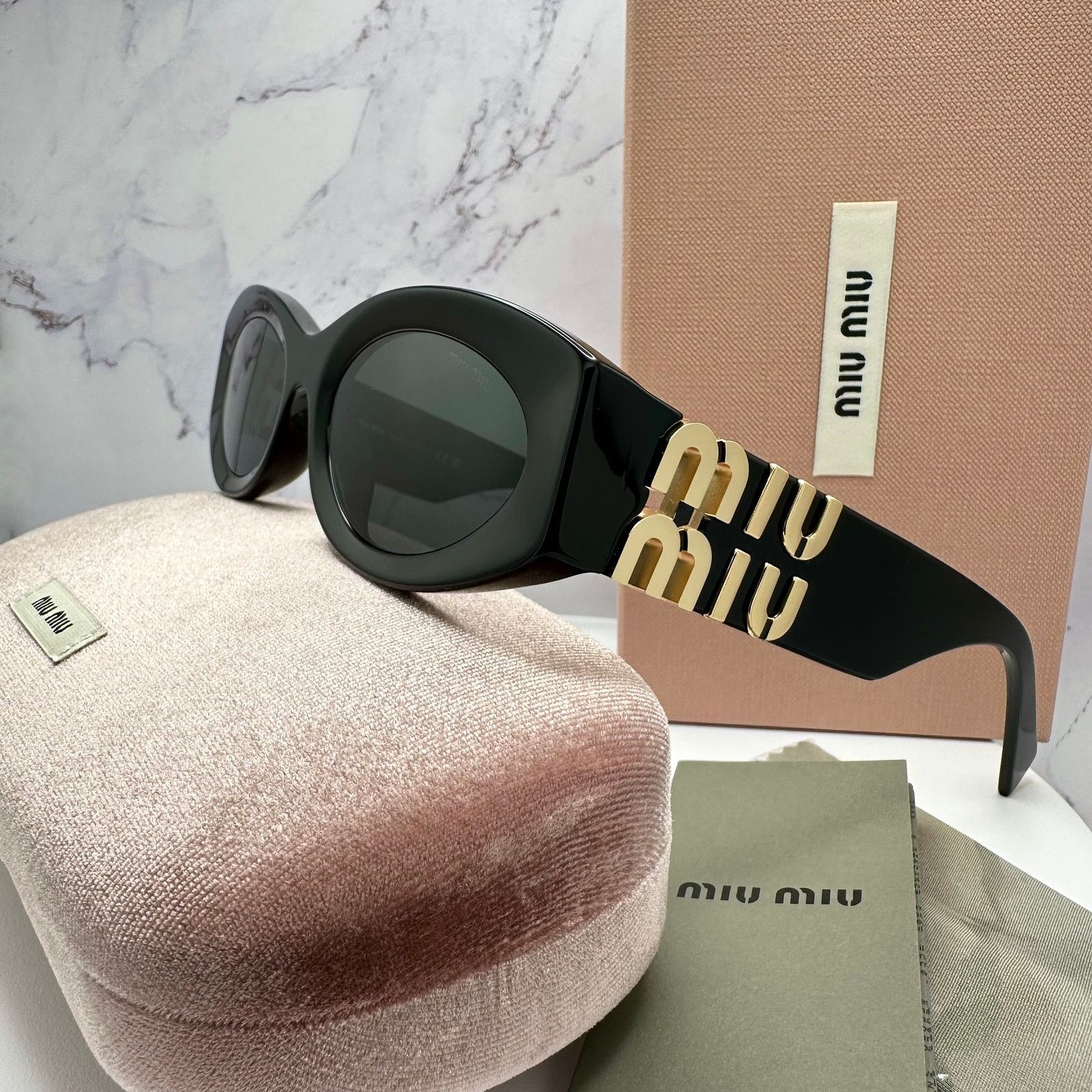 Miu Miu New MIU MIU Sunglasses Black Oval Acetate Gold Metal Logo Size ONE SIZE - 12 Thumbnail