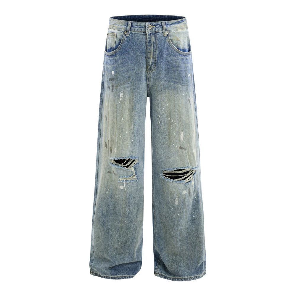 Men's street punk loose straight ink-splashed ripped jeans