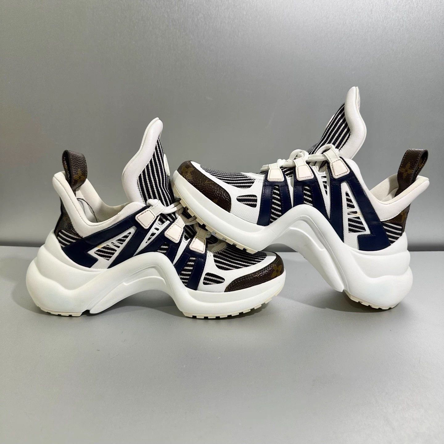 Louis Vuitton LV White Blue Striped Monogram Dad Shoe 36 Mint Size US 5 / IT 35 - 4 Thumbnail