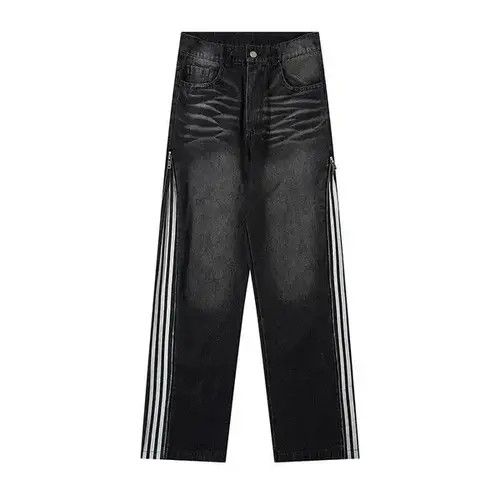 Designer striped pattern zip embellished jeans Size US 31 - 2 Thumbnail