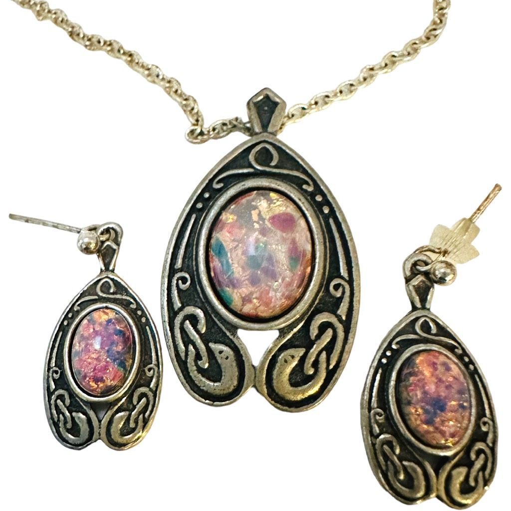 Other MIRACLE Signed Fire Opal Antiqued Gold Plate Celtic Serpent Necklace Pendant Earring Set Size ONE SIZE - 1 Preview