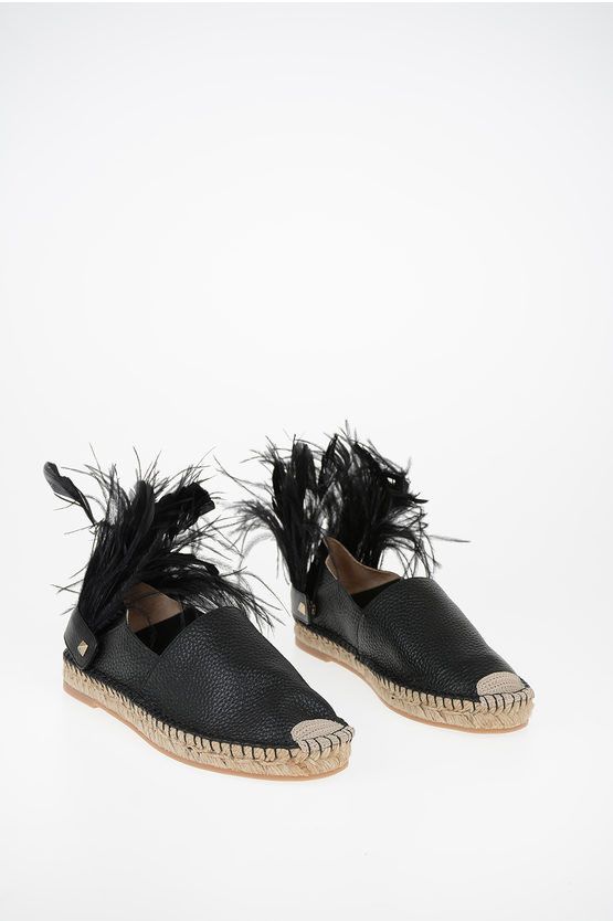 image of Valentino Garavani Leather Espadrilles With Feathers Application Shoes in Black, Women's (Size 5)