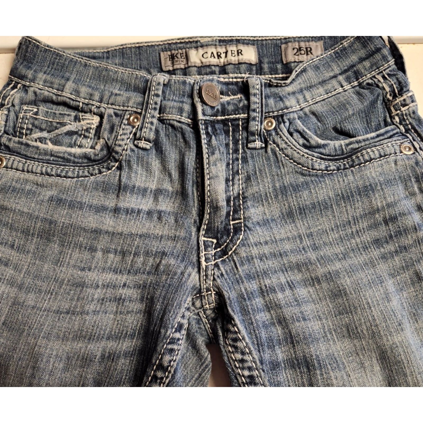 BKE BKE Carter Jeans Men's 25R (25Wx29L) Med Wash Straight Leg Blue Denim Buckle Logo 5-Pocket Fall Spring Summer Winter Mens Regular Type: Jeans Size US 26 / EU 42 - 3 Thumbnail