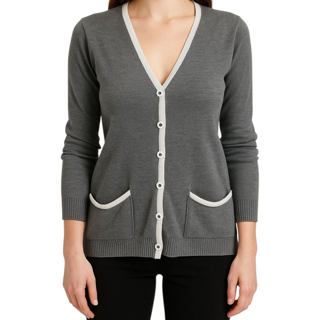 St. John Santana Knit Cardigan Sweater Button Pockets Gray M