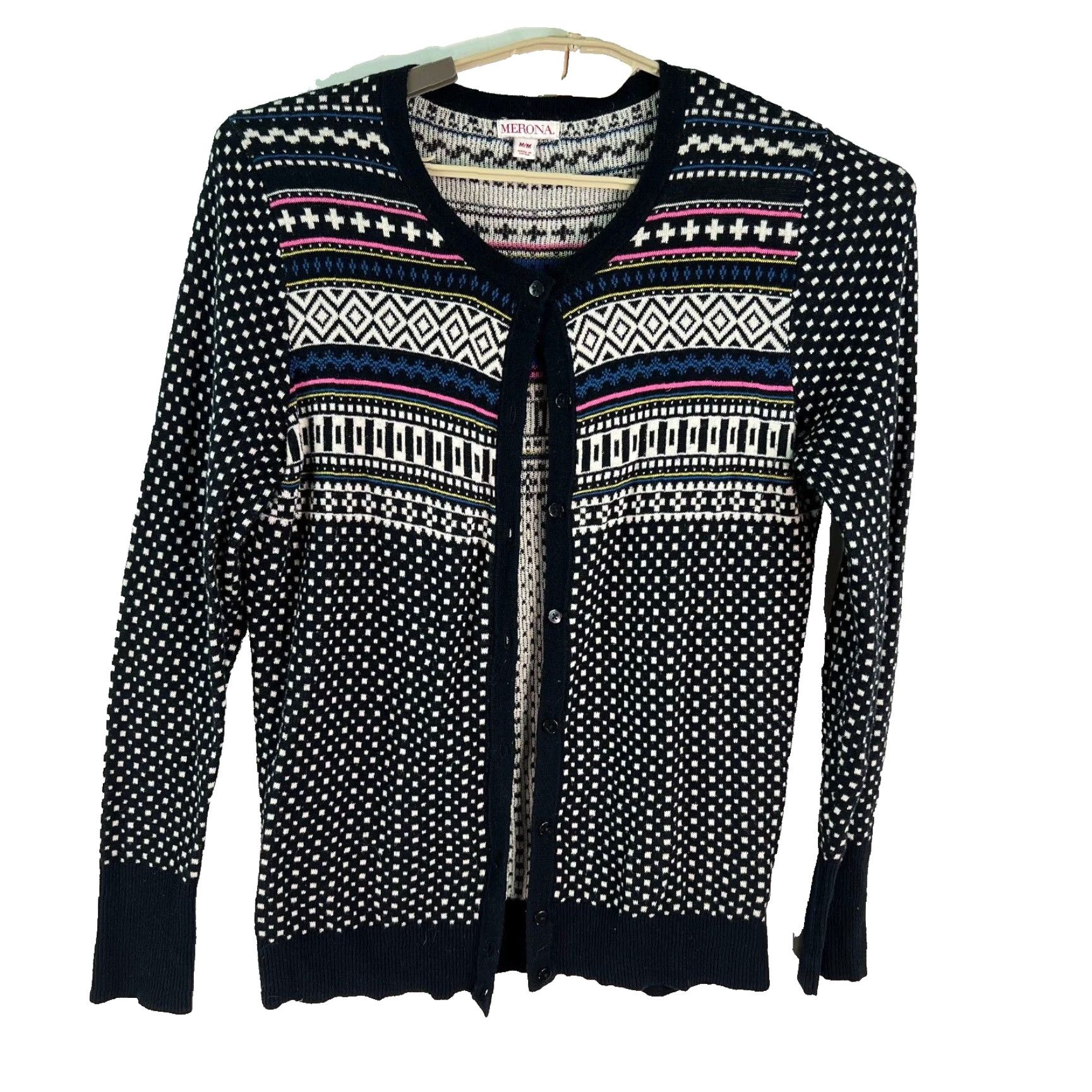 Merona Merona Cardigan Womens Knit Black Button Front V-Neck 28 in Long Sleeve Size M Geometric Pattern 100% Cotton Regular Fit Winter Classic Size M / US 6-8 / IT 42-44 - 2 Thumbnail
