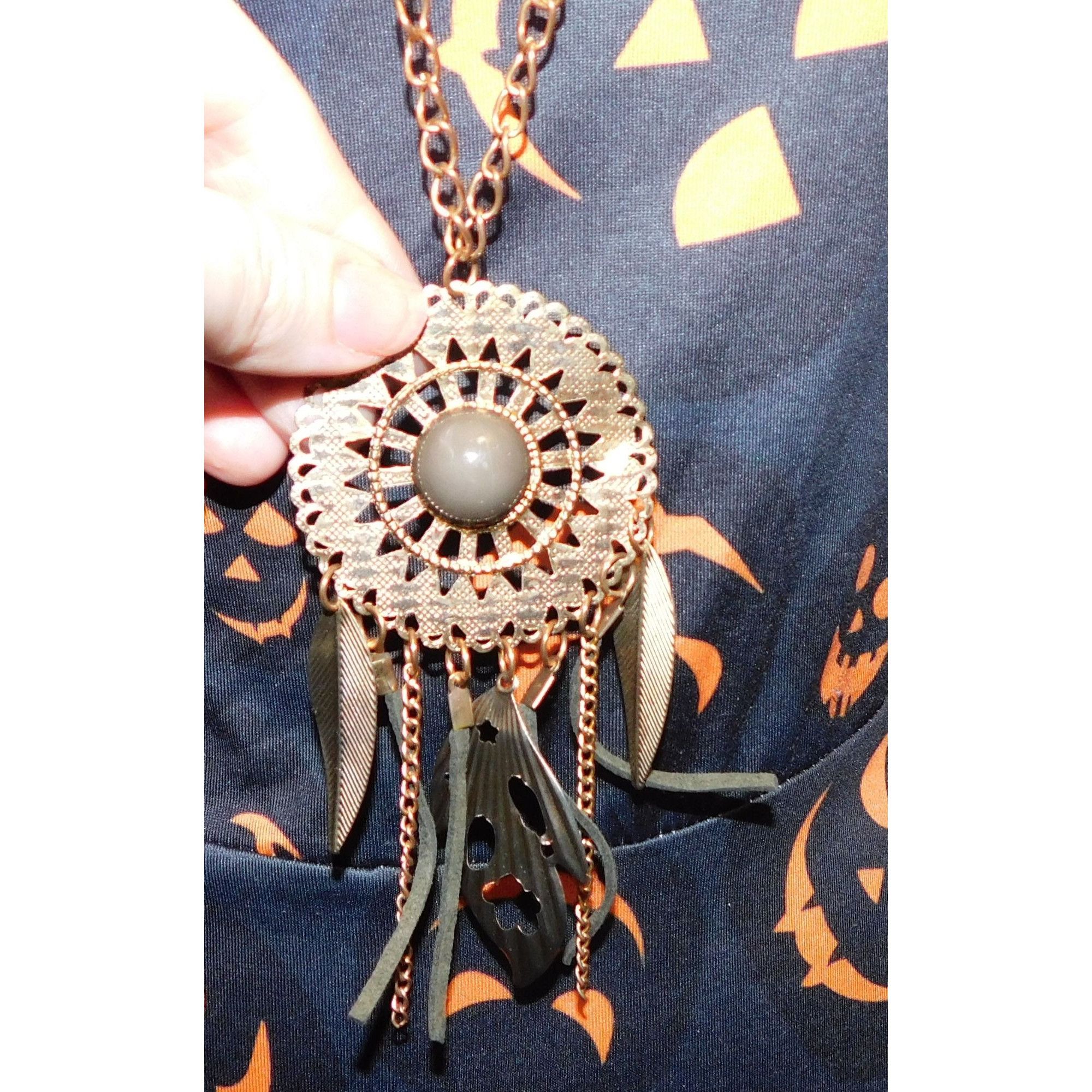Other Bohemian Medallion Necklace Grey And Gold Tone With Fringe Size ONE SIZE - 2 Thumbnail
