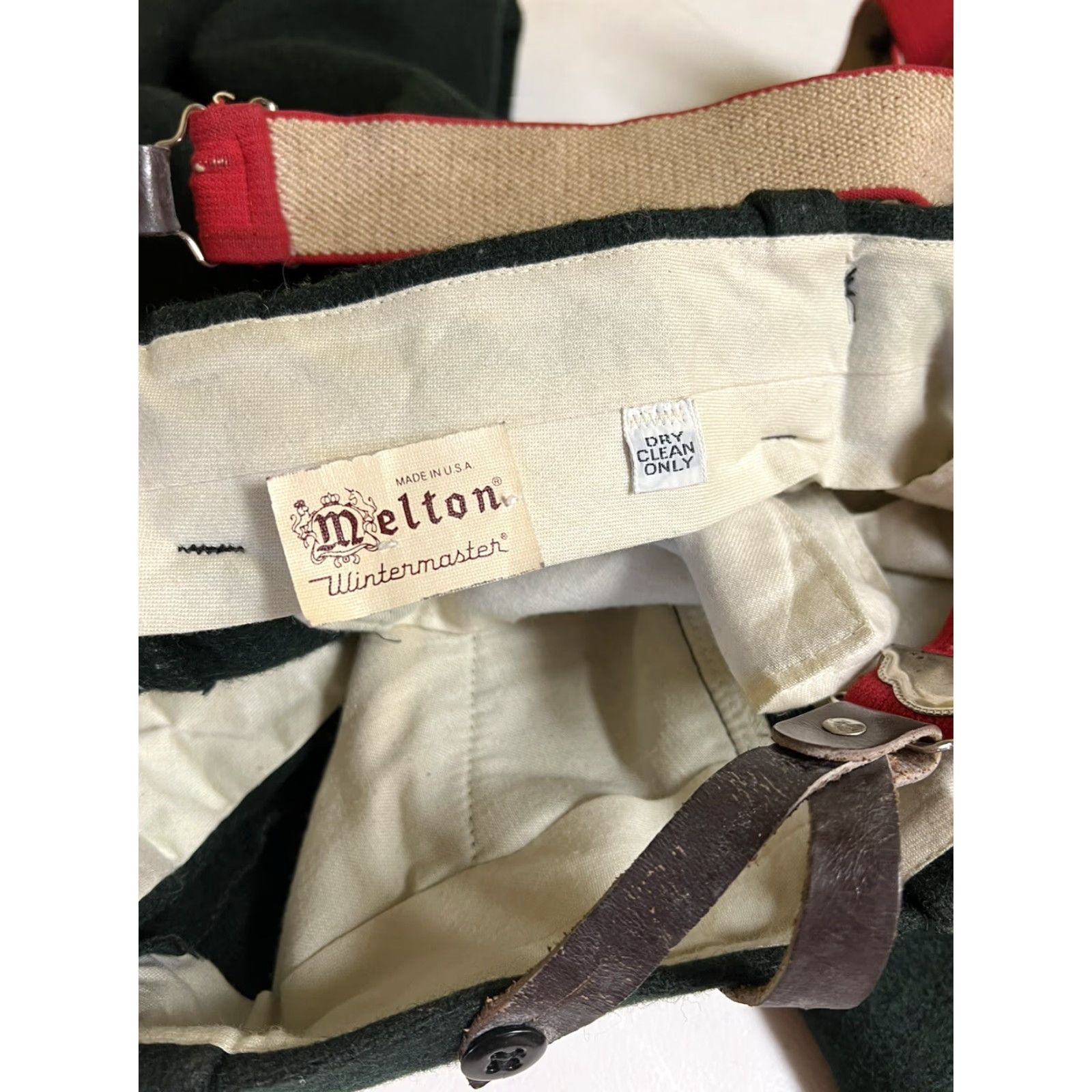 Vintage VINTAGE Melton Wintermaster Green Wool 32x29 Men’s Pants Flat Front Straight Leg With Braces Suspenders Mens 1970s Size 32 - 4 Thumbnail
