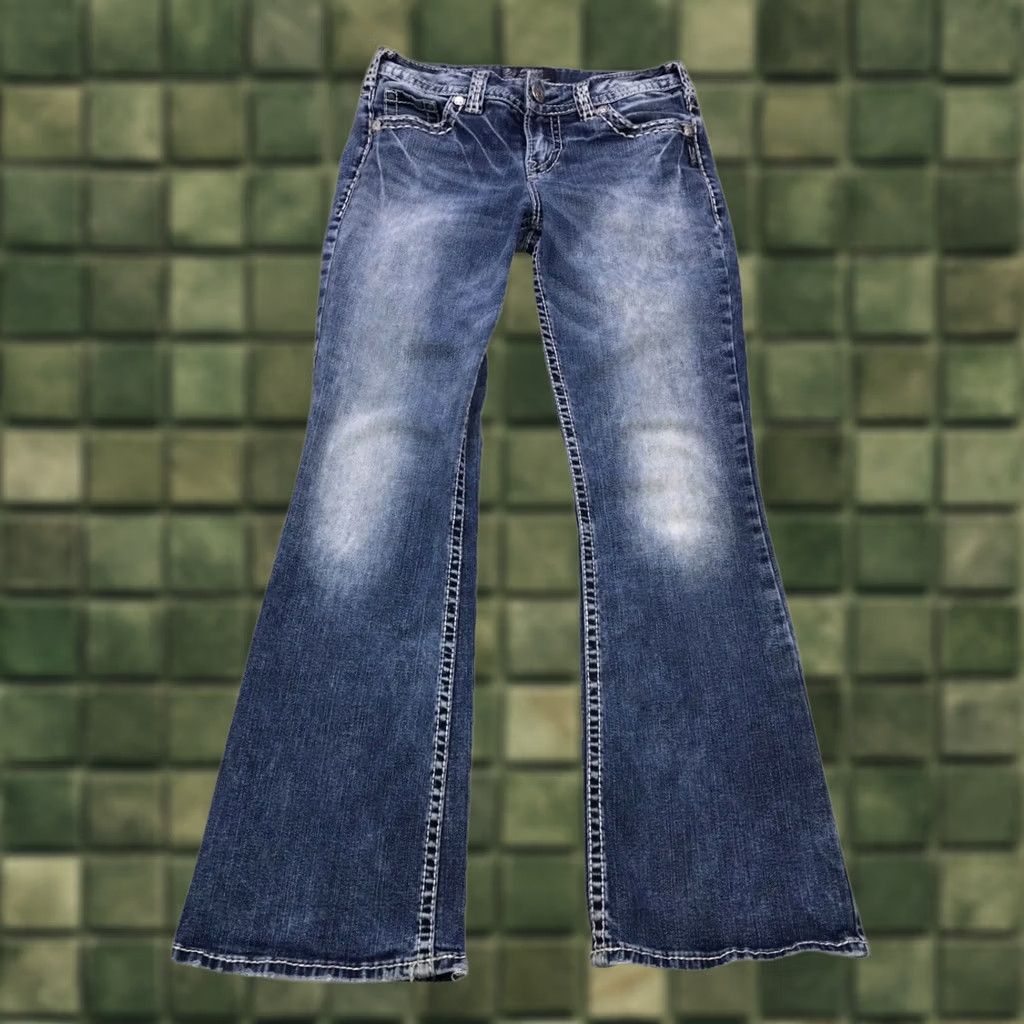 Silver Jeans Co. VINTAGE Silver Jeans Suki Embroidered Denim Jeans Bootscut Women 29x31 Blue Cotton Blend Pocket Distressed Mid Rise 8.5-10.5in Casual Mens? Size 29" - 1 Thumbnail