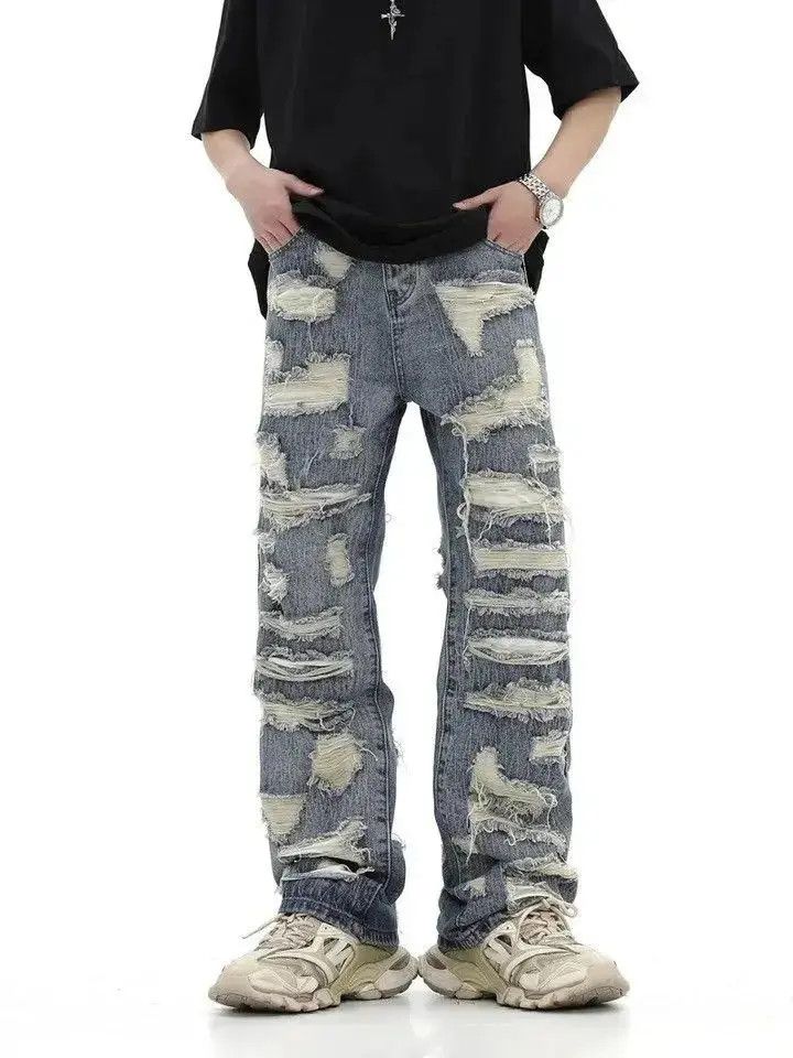 Japanese Brand washed torn hole cut straight tube loose fitting jeans Size US 32 / EU 48 - 2 Thumbnail