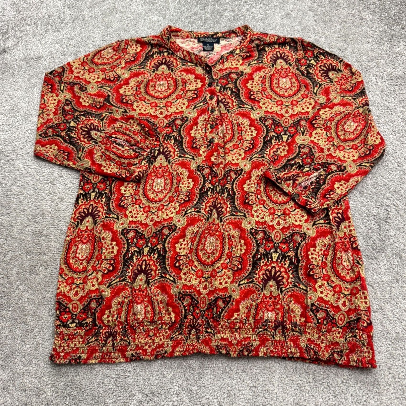 Lucky Brand Lucky Brand Paisley Henley Blouse Womens XL Red Swirl Pattern Casual Sleeve Button Top Size XL / US 12-14 / IT 48-50 - 2 Thumbnail