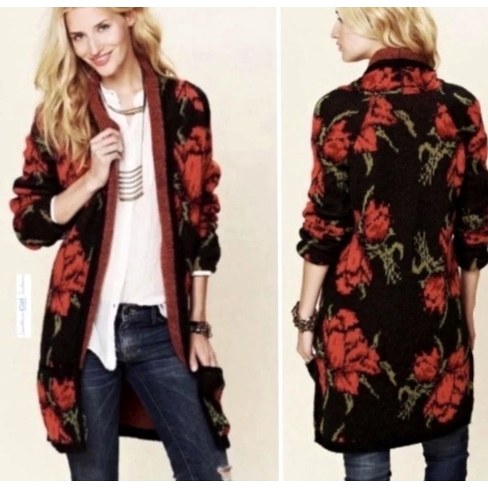 Free People Free People Sweater Cardigan Womens Small Black Floral Long Open-Front Alpaca Blend Boho Size S / US 4 / IT 40 - 4 Thumbnail