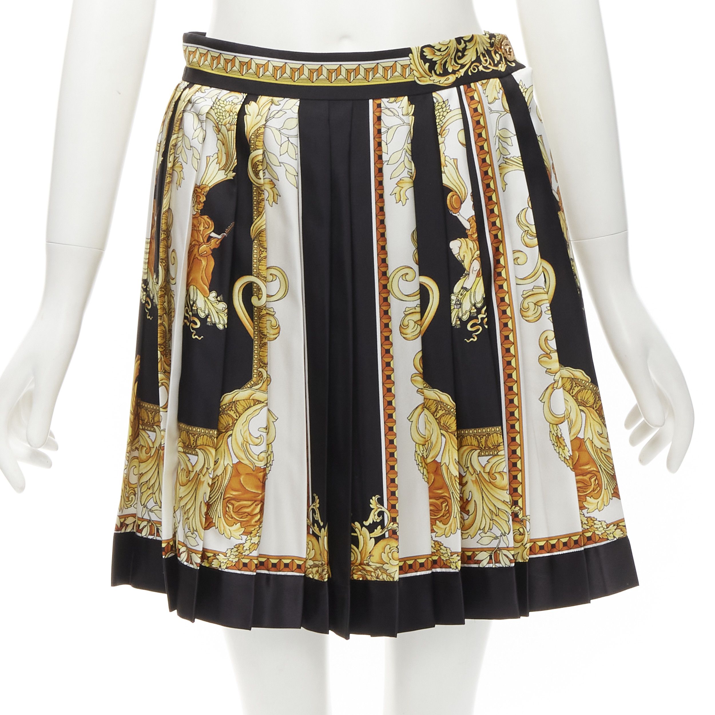new VERSACE 2021 Renaissance Barocco black gold silk pleated skirt IT40 S