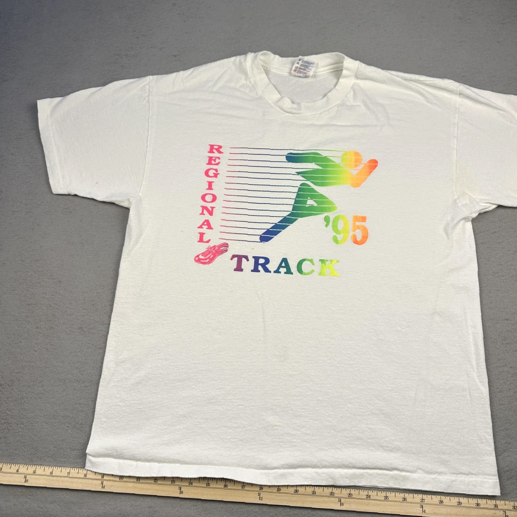 Hanes VINTAGE Regional Track Shirt Mens XL White 1995 Neon Rainbow Graphic Runner 90s Size US XL / EU 56 / 4 - 3 Thumbnail