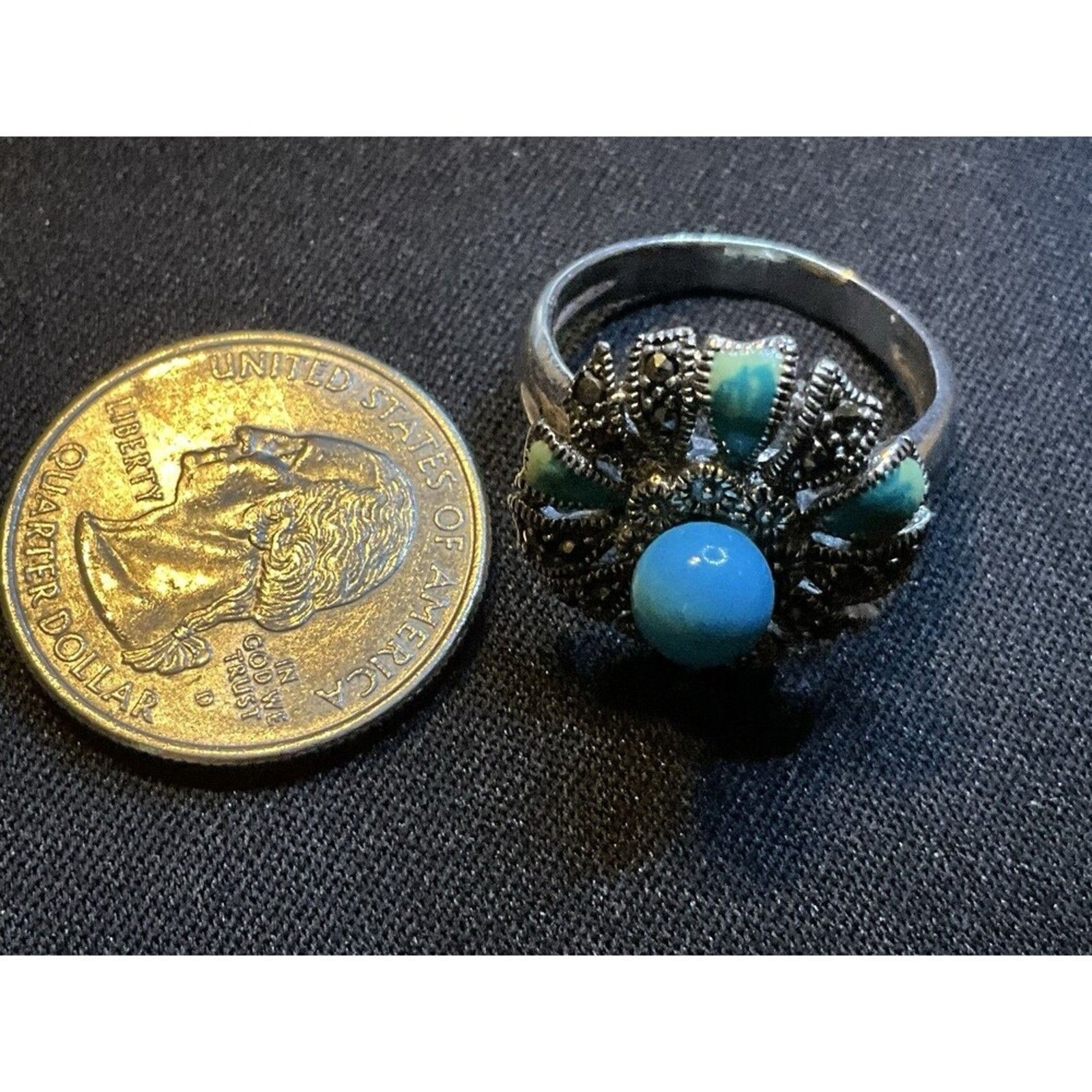 Other 925 Silver Turquoise and Marcasite Flower Ring Size 8.75 Size ONE SIZE - 4 Thumbnail