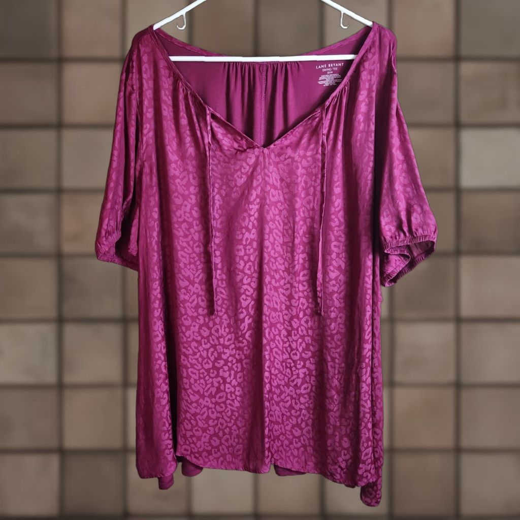 Vintage Lane Bryant Womens |22/24| Magenta Pink Leopard Print Swing Tee Blouse Shirt Pullover V-Neck Puff Sleeve Plus Size 3X Womens Size XXL / US 16-18 / IT 52-54 - 1 Thumbnail