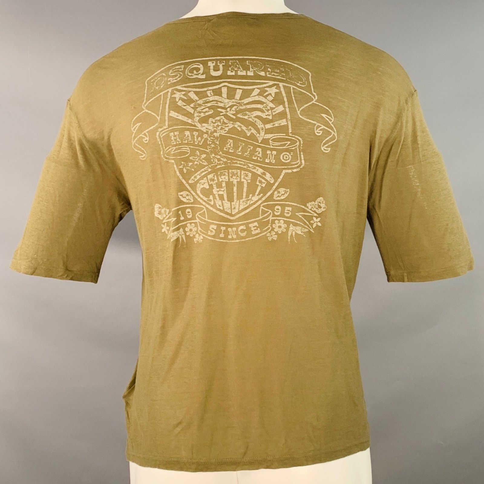 Dsquared2 Hawaiian Chill Green Olive Print Cotton V-Neck T-shirt Size US S / EU 44-46 / 1 - 3 Thumbnail