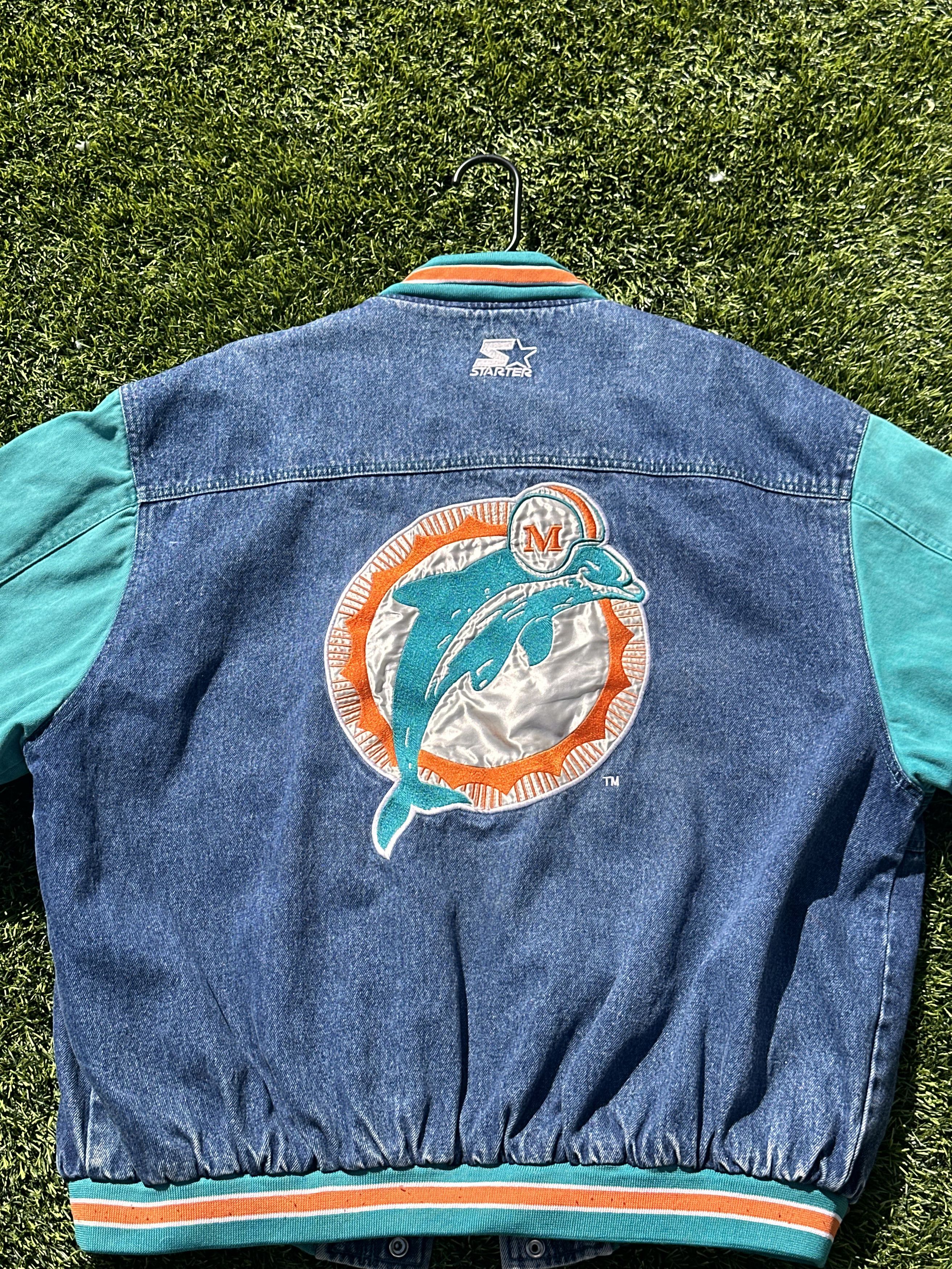 image of Miami Dolphins Pro Line Starter Denim Bomber Jacket in Aqua Blue, Men's (Size Large)