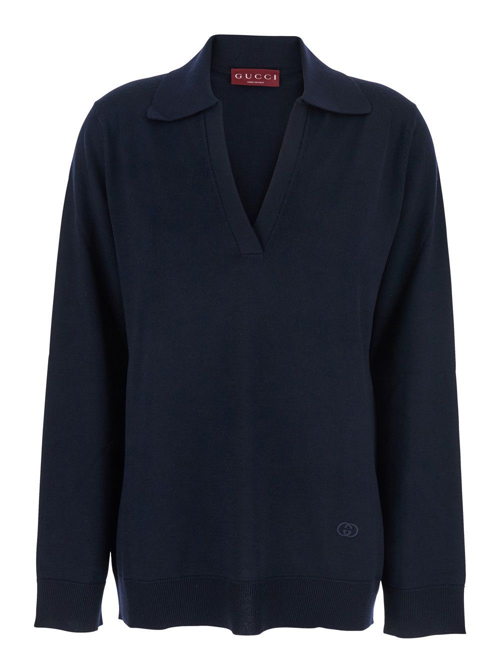 Gucci Blue Polo Collar Sweater with GG Logo on the Front in Wool Woman Size S / US 4 / IT 40 - 1 Thumbnail
